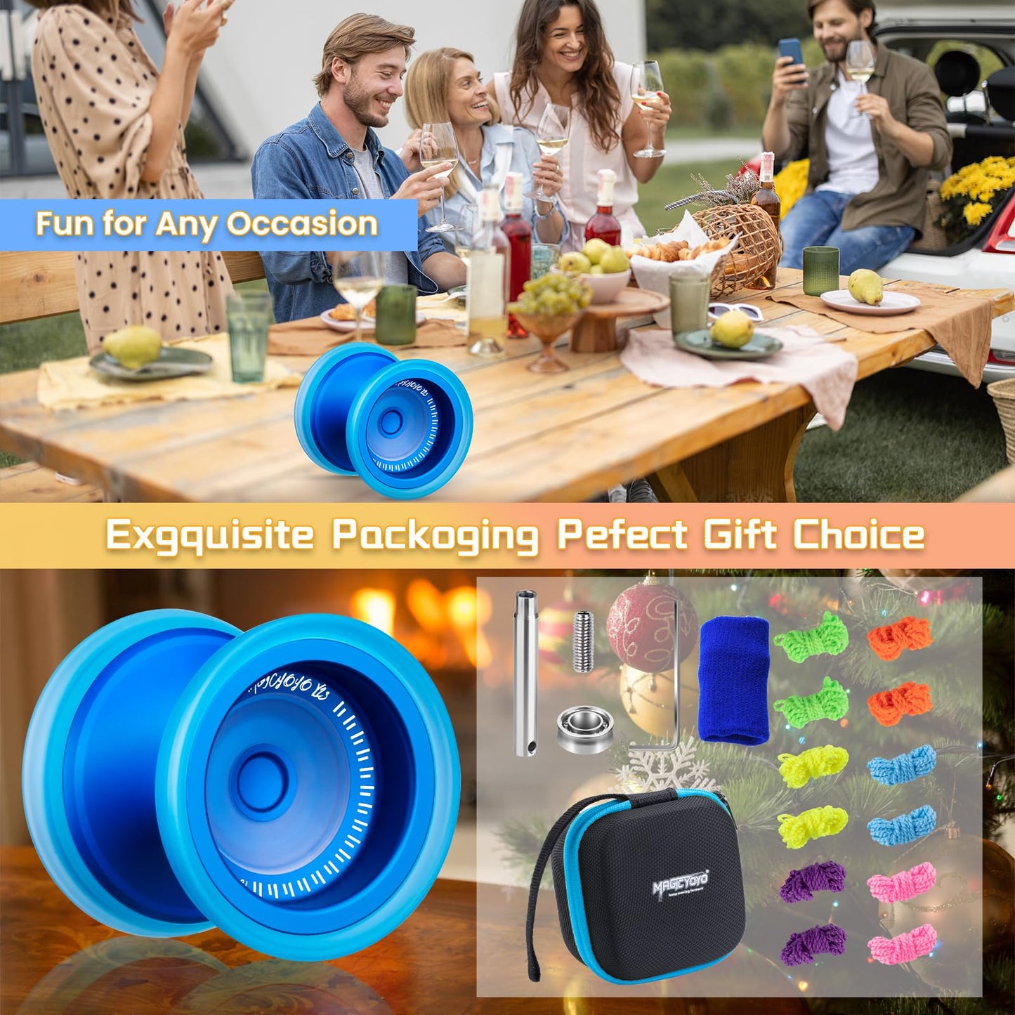 MAGICYOYO V13 DEEPSPIN Bi-Material Yoyo for Kids 8-12, Dual-Function Yoyo Professional for All Skill Levels, Trick Yo-yo with 12 Yoyos Strings, Finger Brace, Bearing Kit (Blue+Blue Rings)