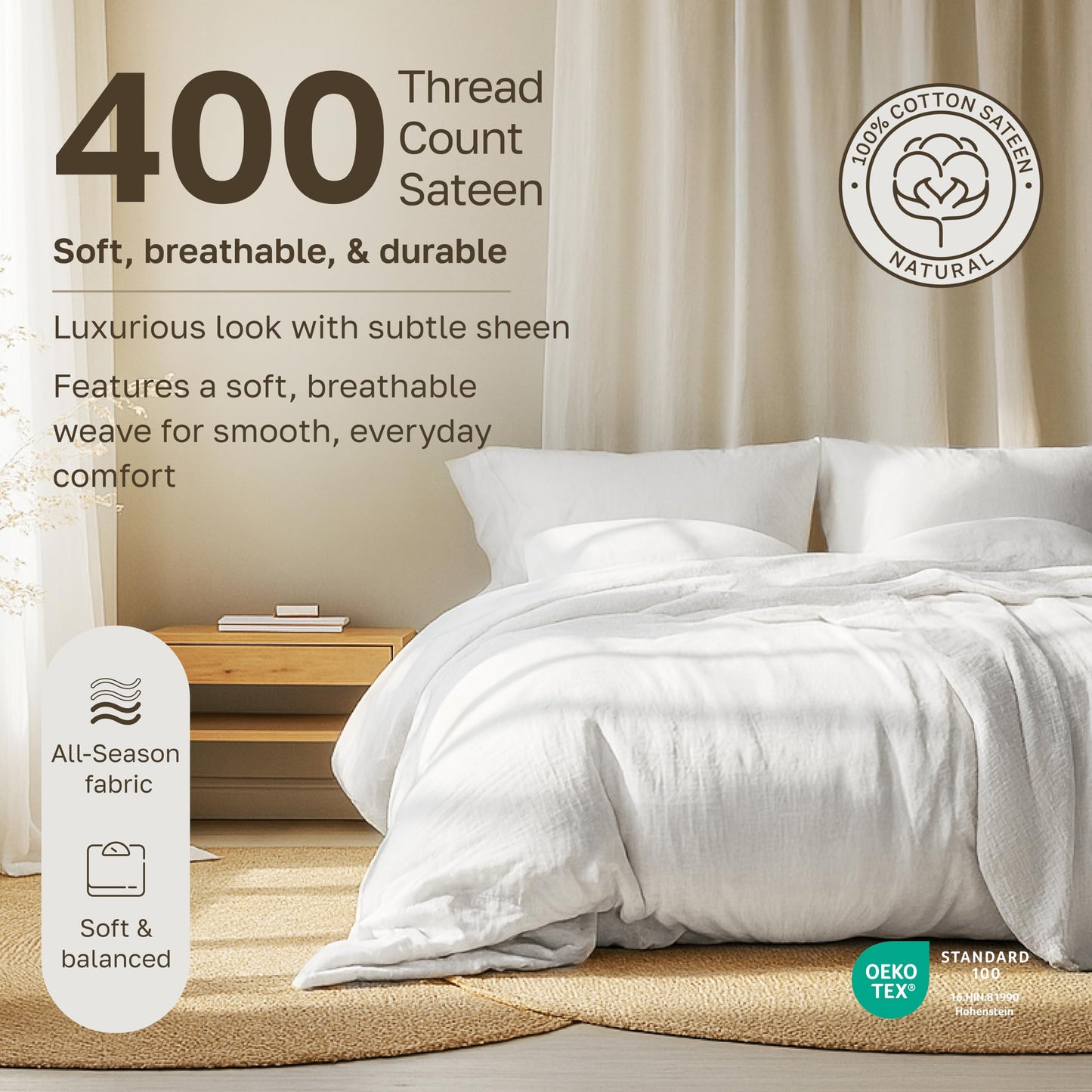 California Design Den 100% Cotton Bed Sheets King Size Set - 400 Thread Count Sateen, Deep Pocket King Sheet Set, King Sheets, Cooling King Size Sheets Set, Softer Than Egyptian Cotton Sheets (White)