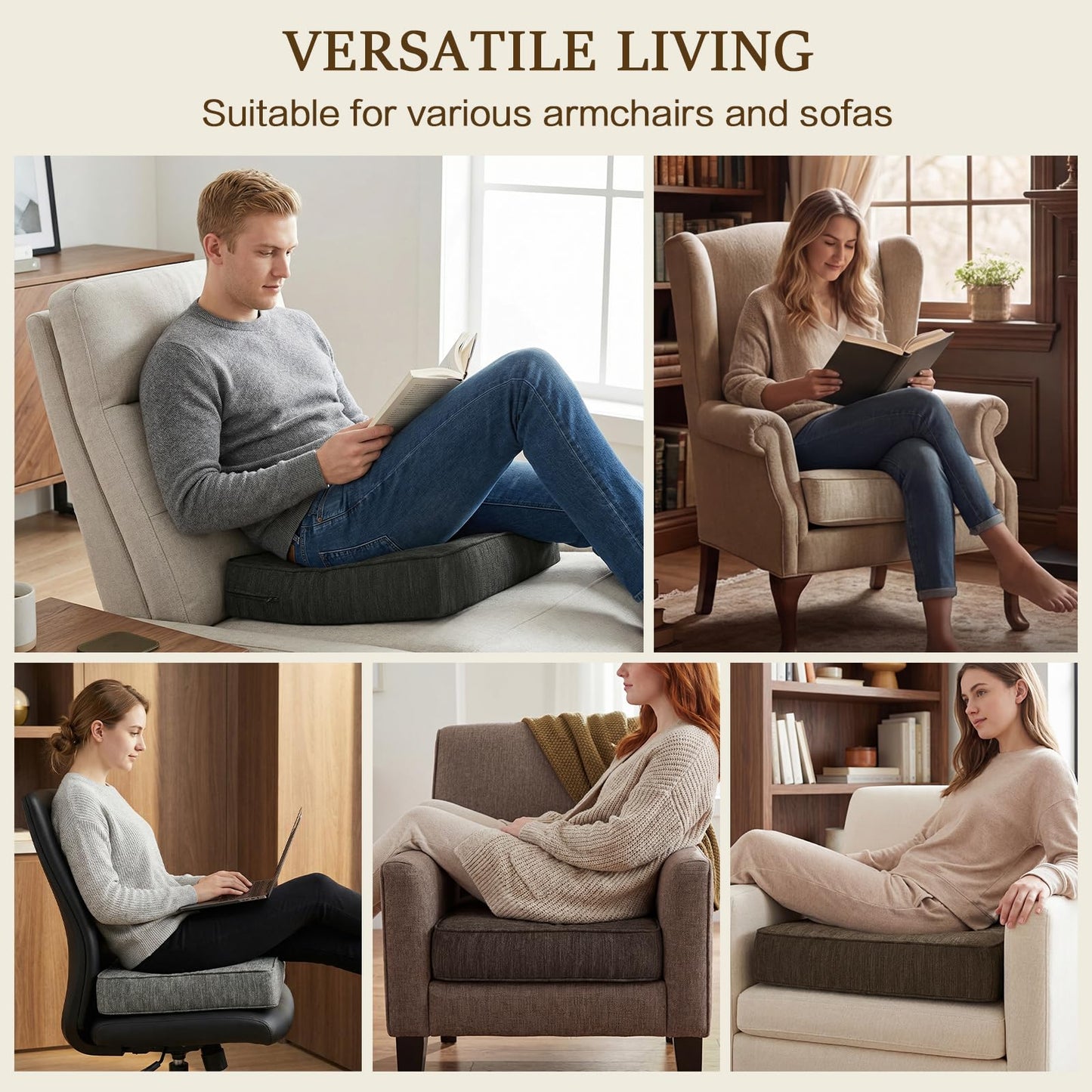 baibu Extra Large Dual-Layer Gel Memory Foam Recliner Cushions for Elderly, 20x20x5 Inch Thick Non-Slip Recliner Seat Cushion Suitable for Couch for Easy to Stand Up & Reduce Hip & Lumbar Pain, Beige