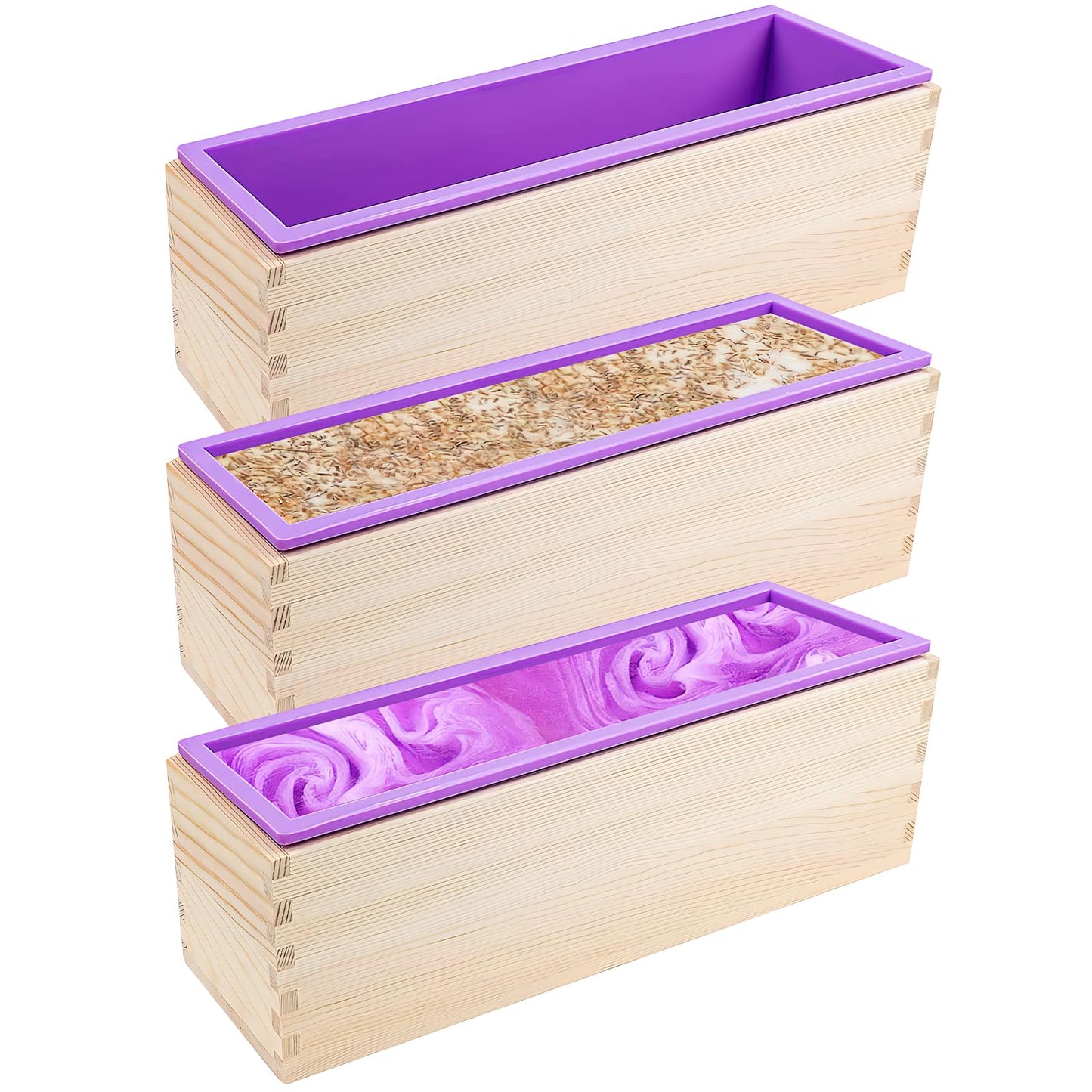3 Pack 42oz Silicone Soap Molds, Flexible Rectangular Silicone Soap Making Tools Soap Molds Set DIY Handmade Loaf Soap Molds Kit with Wood Box For Soap Cake Candle Making(Purple)