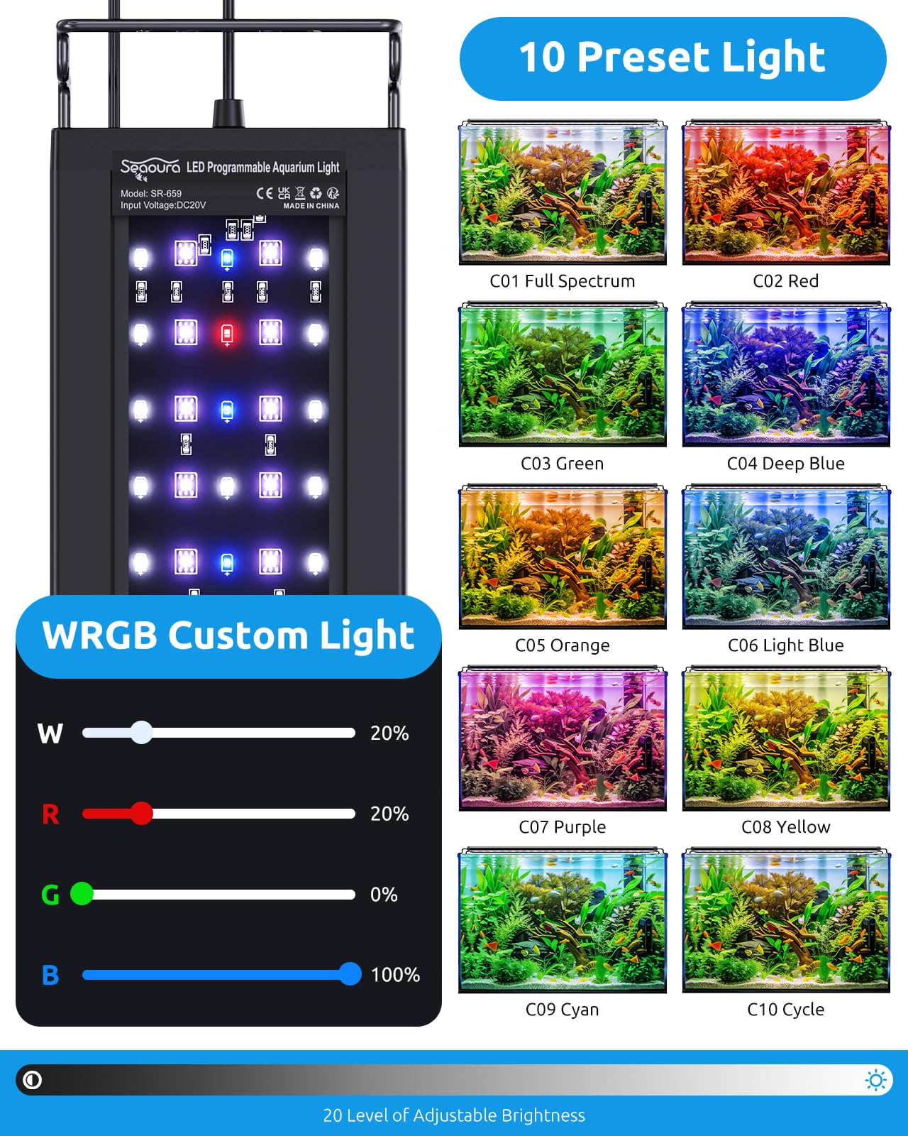 SEAOURA Aquarium Plant Light with Temperature Detector, 45-60cm Full Spectrum Fish Tank Lights, 24/7 Programmable with Power Off Memory, WRGB Custom, 20 Level Dimmable for Freshwater Aquariums