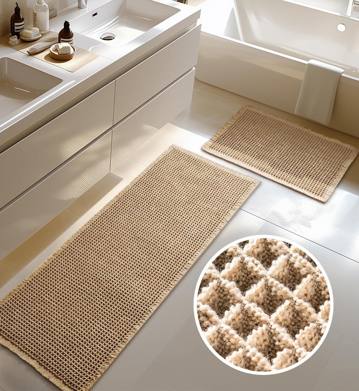 Large Waffle Bath Mat Set of 2, Non Slip Bathroom Mat Set, Ultra Absorbent Bath Mats for Bathroom Decor, Extra Soft Boho Bathroom Rugs Set, 2 Washable Bathroom Floor Mats, 20"×47" and 16"×24", Brown