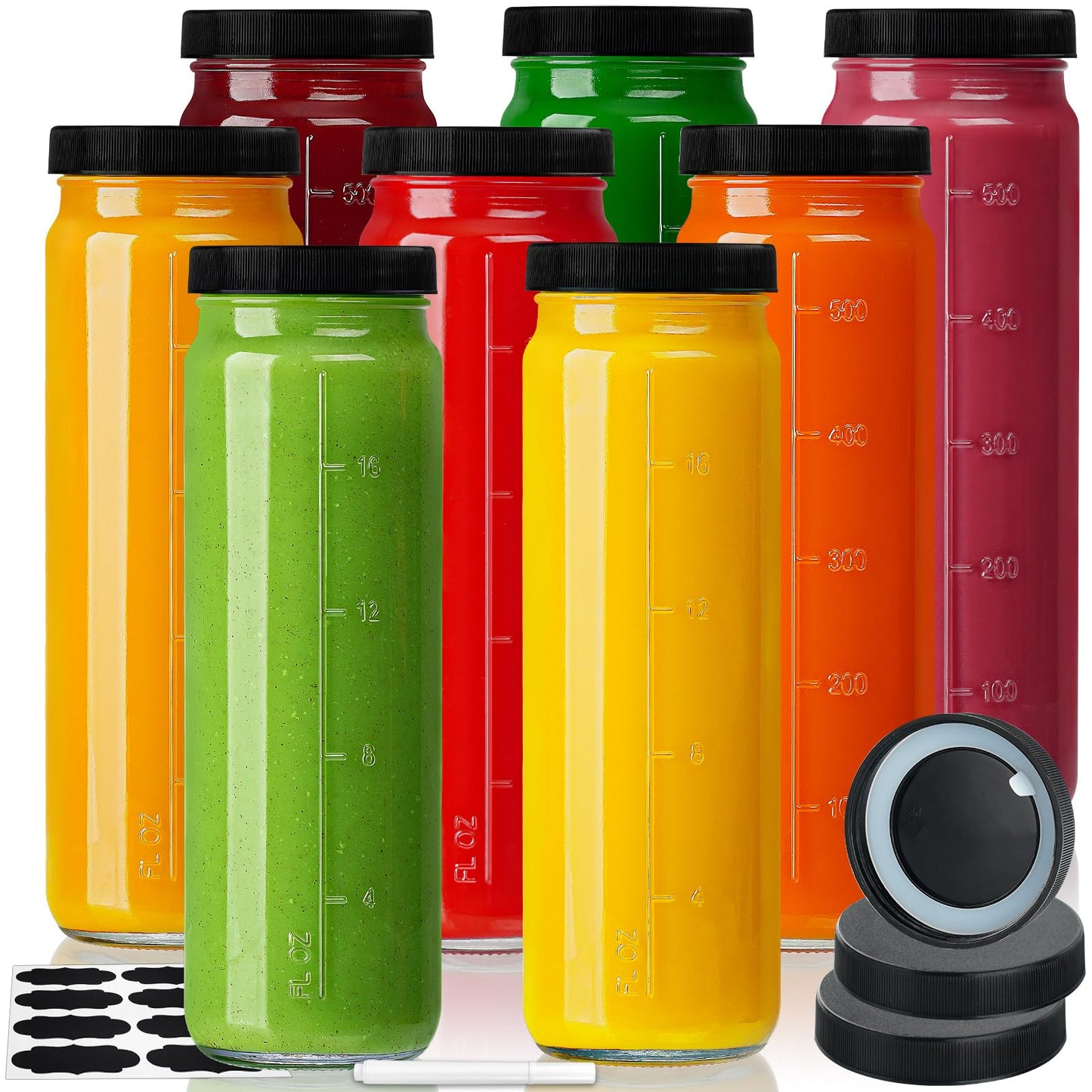 20 Oz 8 Pack Glass Juicing Bottles w Airtight Lids - Reusable Drinking Jars w Scale, Travel Water Cups - Glass Juice Bottle with Lid for Boba, Smoothie, Vanilla Extract