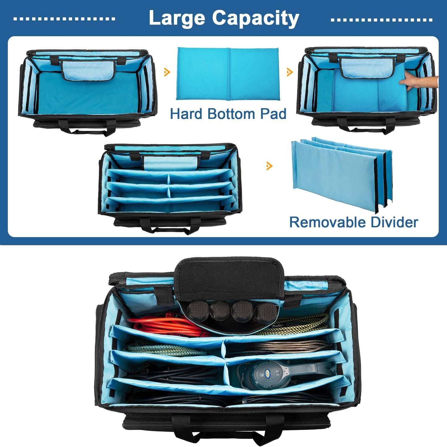 HODRANT Large Rolling DJ Cable Bag, Padded Gig Bag with Detachable Trolley & Divider, Music Gear Case with Multi Pockets for 15.6" Laptop, DJ Gear, Musical Instrument, Sound Equipment Storage
