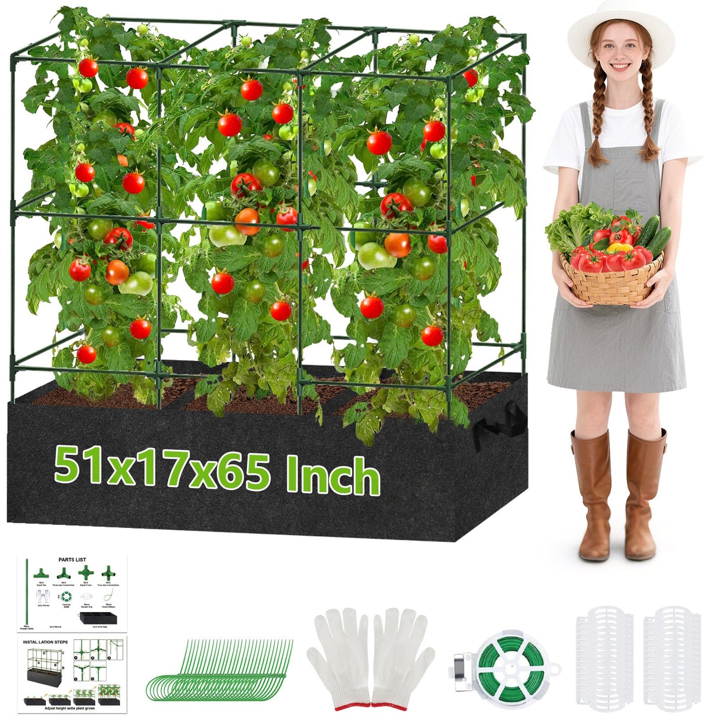 Cucumber Trellis for Garden - 51x17x49 Inch Garden Tomato Cages Planter 46 Gallon Grow Bags, Square Plant Support Trellis for Climbing Plants Vegetables Squash Pea Grapes Flowers