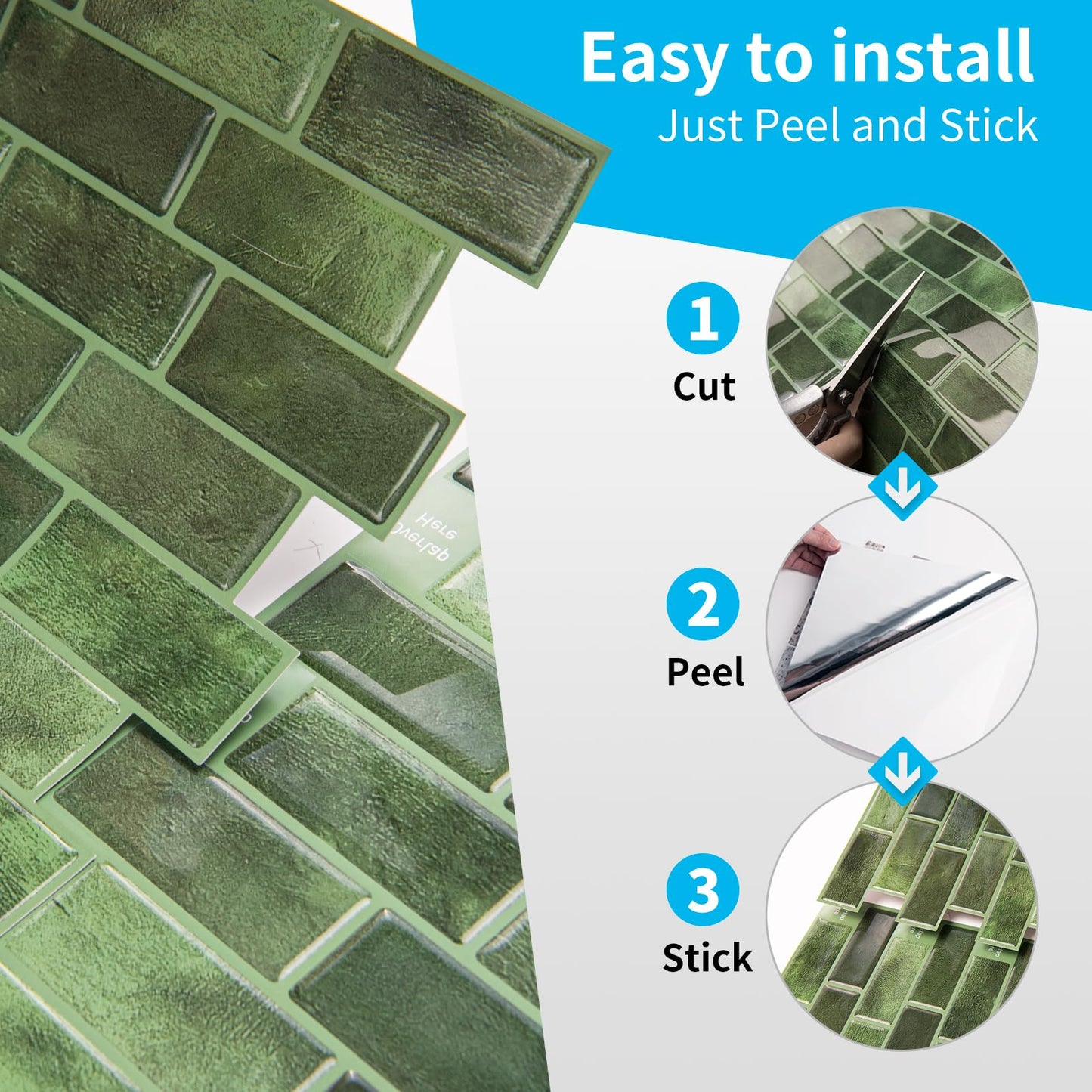 Art3d 10-Sheet Kitchen Backsplash Tiles Peel and Stick, Self Adhesive Wall Tile Sticker for Kitchen Island Bathroom Laundry Room RV Renter 12" x 12" - Jade Green