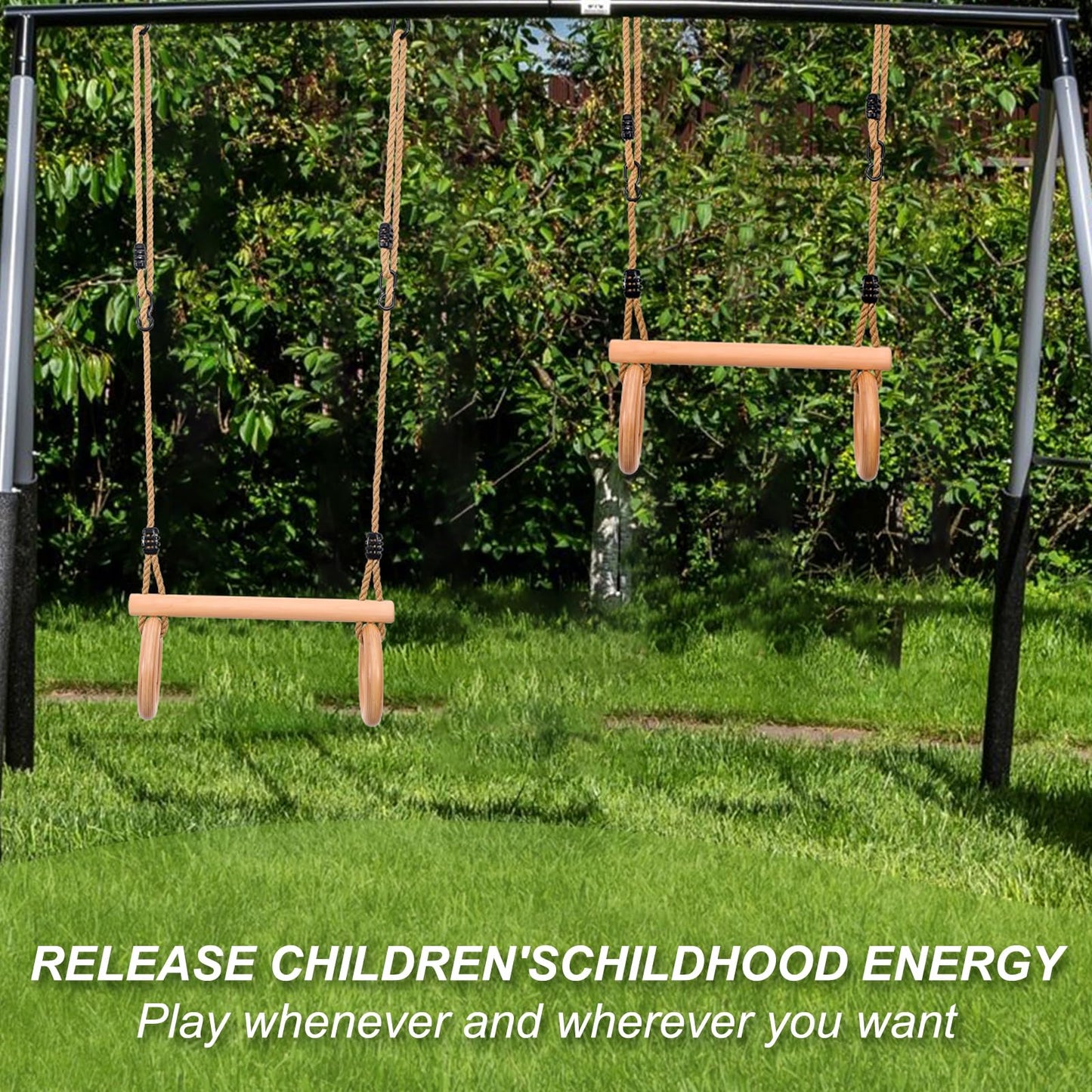 YAERSI Children's Trapeze Swing Bar with Wooden Gym Rings,Trapeze Bar for Swing Set