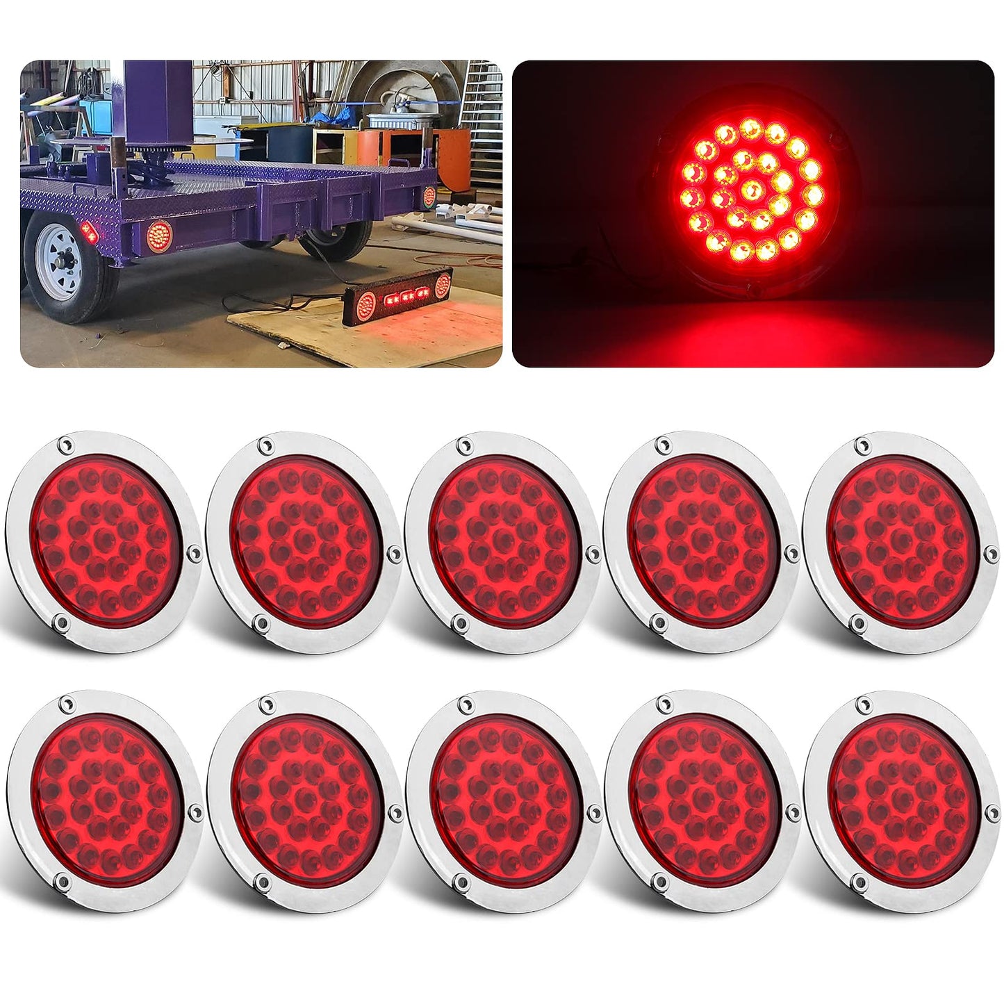 Partswcgg 10Pcs 4 Inch Round Led Trailer Tail Lights Red 24LED, Sealed 4" Round Red LED Stop Turn Tail Lights Brake Trailer Lights Chrome Flange Mount Hardwired Waterproof for RV Trucks 12V DC
