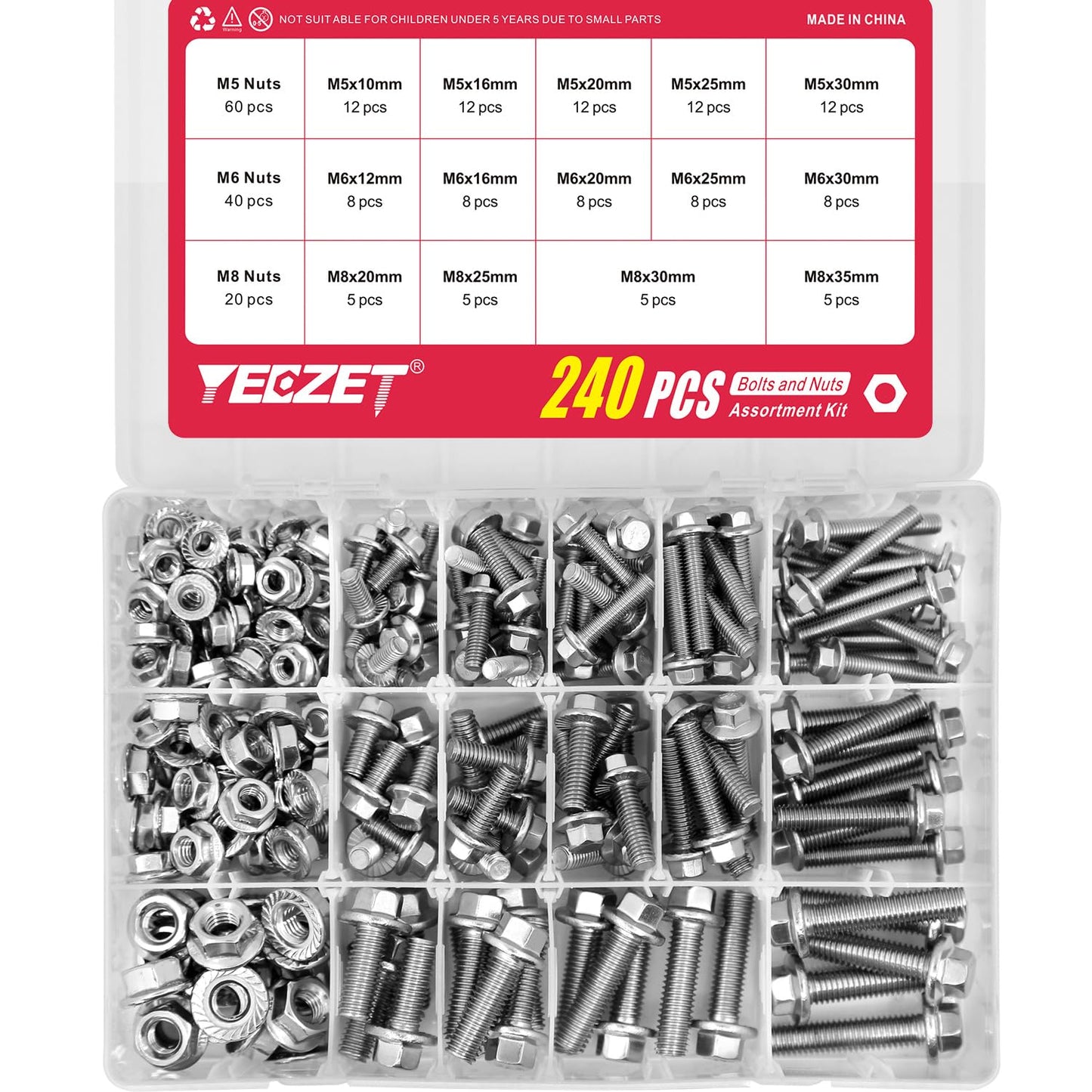 YEEZET 240PCS M5 M6 M8 Flanged Bolts and Nuts Kit,Stainless Steel 304 Metric Flanged Hex Screws Nuts Includes 14 Most Common Sizes