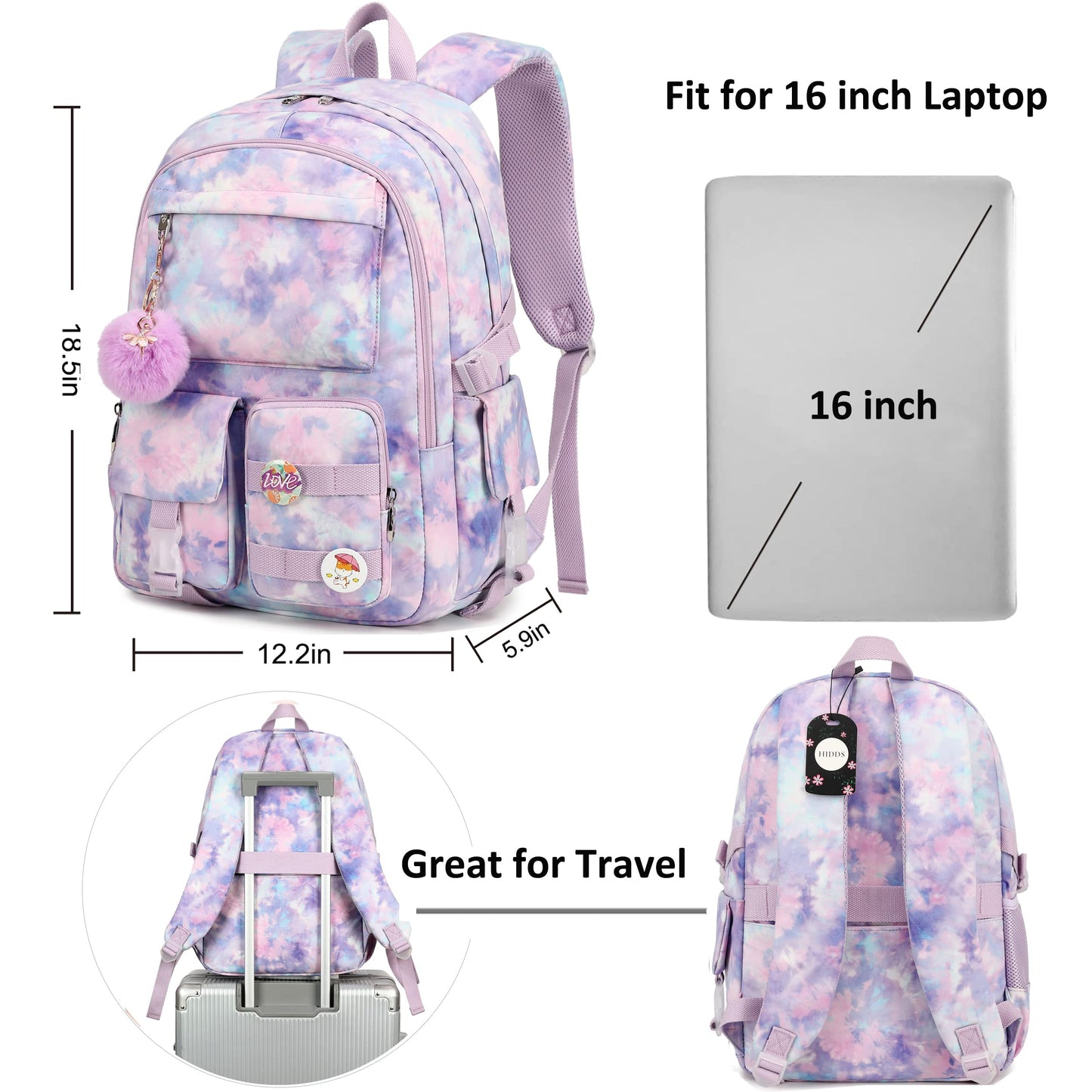 Hidds Laptop Backpacks 16 Inch School Bag College Backpack Travel Daypack Bags Bookbags Daypack for Teens Girls Women, Tie-dye Purple, Large, Daypack Backpacks