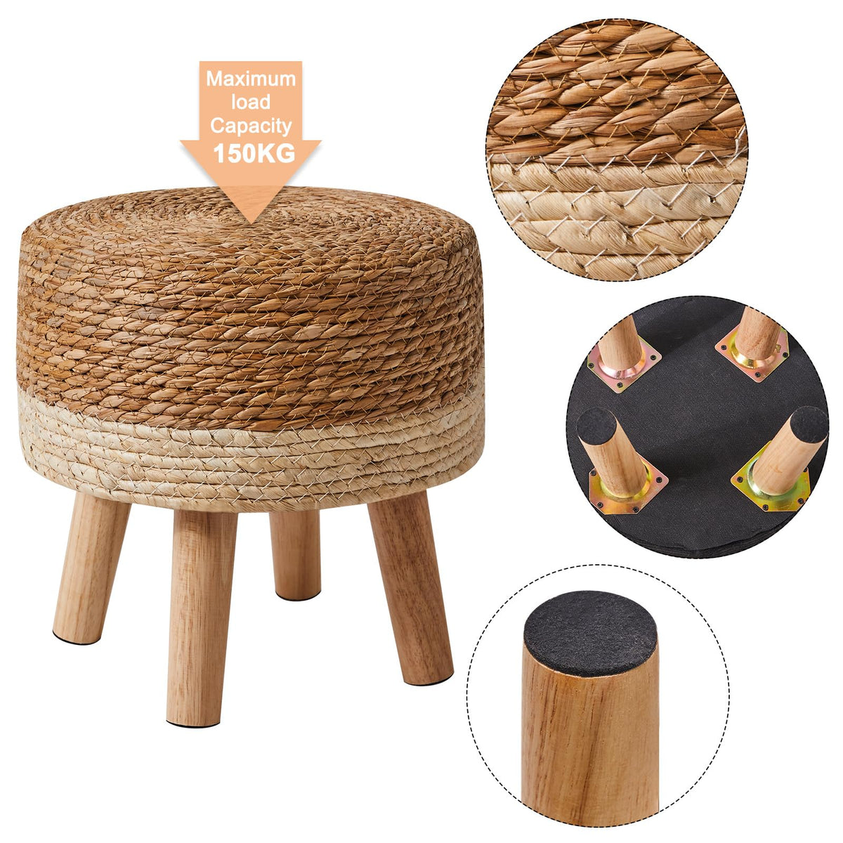 YMYNY Foot Stool Natural Seagrass Hand Weave, 12.6" Small Ottoman, Round Footrest for Living Room, Bedroom, Entryway, Change Shoes Stool, Non-Skid Wood Legs, Boho, Natural+White, UHBD027W