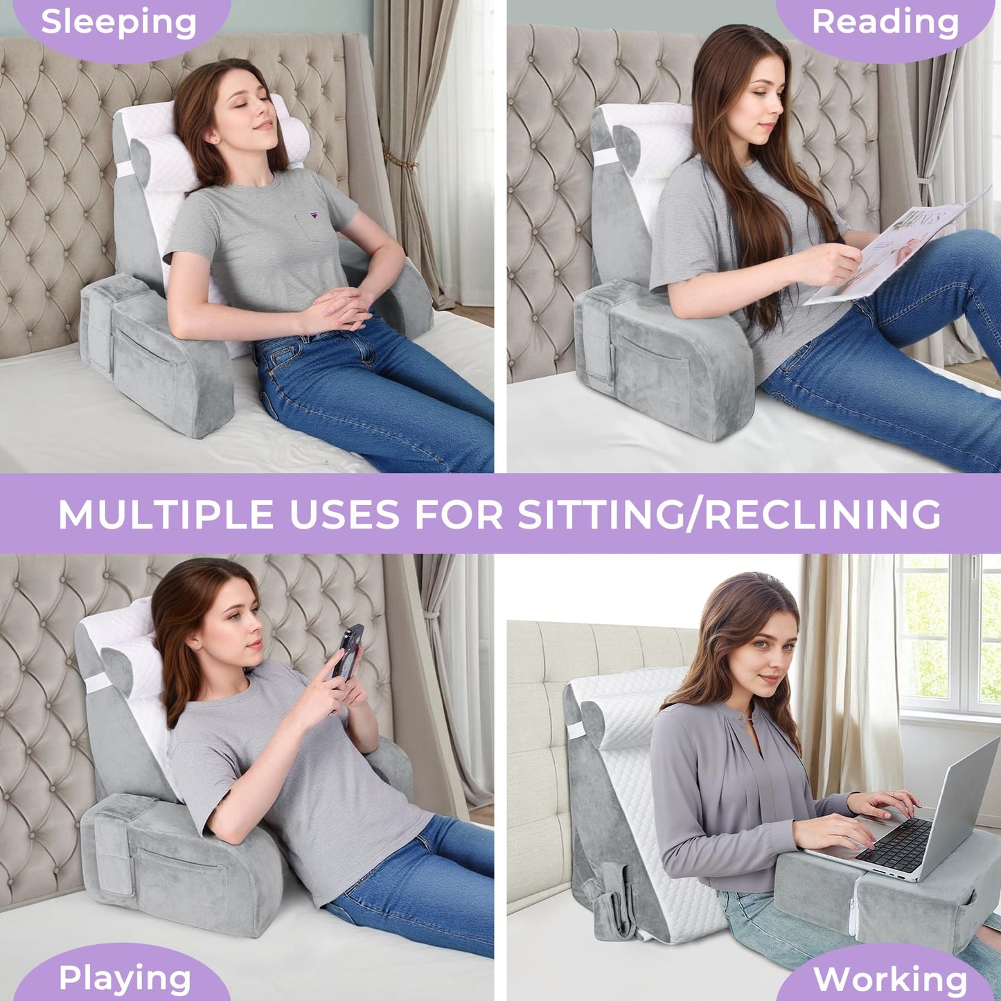 Babenest Reading Pillow for Sitting in Bed Adult, Back Support Pillow with Detachable Headrest & Armrests for Watching TV on Couch or Floor, Bed Chair Backrest Pillow for Working/Gaming/Relaxing
