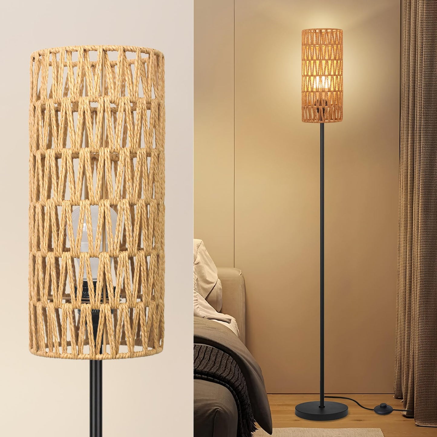 Floor Lamp for Living Room,Farmhouse Rattan Floor lamp,Modern Standing lamp with Hand-Worked Rattan Shade,Black Tall Lamp with Foot Switch