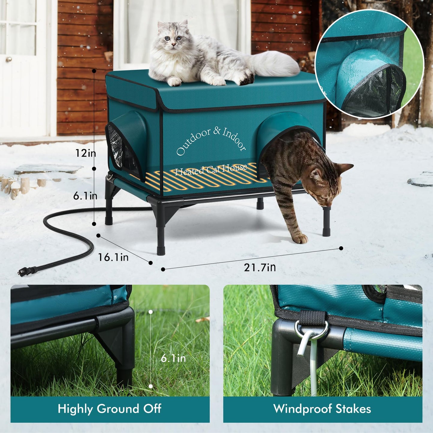Yeatruojeet Heated Cat House for Outside Cat in Winter, Insulated Outdoor Feral Cat Shelter with Cat Heating Pad, 2 Doors,Elevated Waterproof Heated Kitty House (Blue, 21"x17.5"x18")