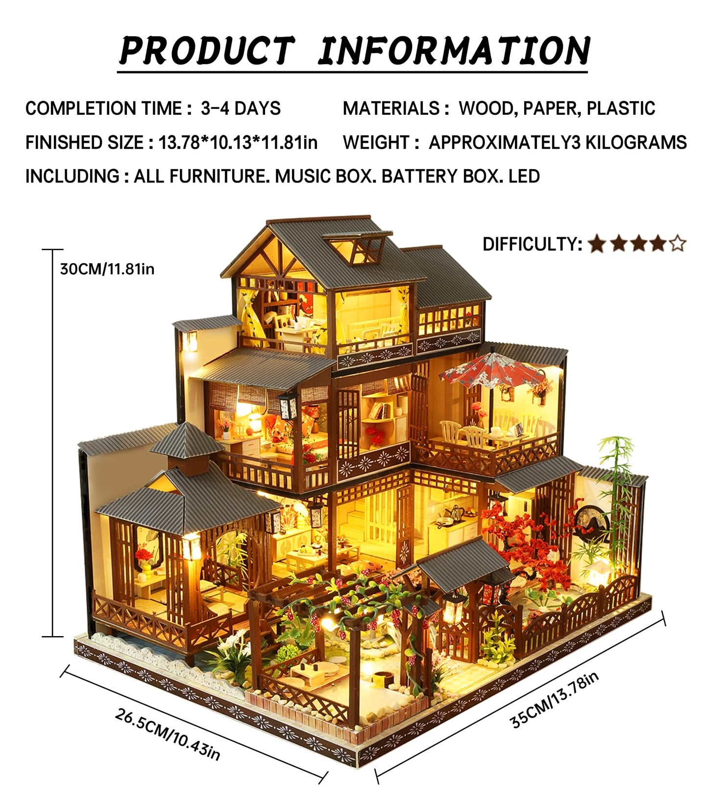 Spilay DIY Dollhouse Miniature with Wooden Furniture Kit,Handmade Mini Japanese Style Home Craft Model LED with Music Box,1:24 Scale Creative Doll House Toys for Teens Adult Idea Gift (P006)