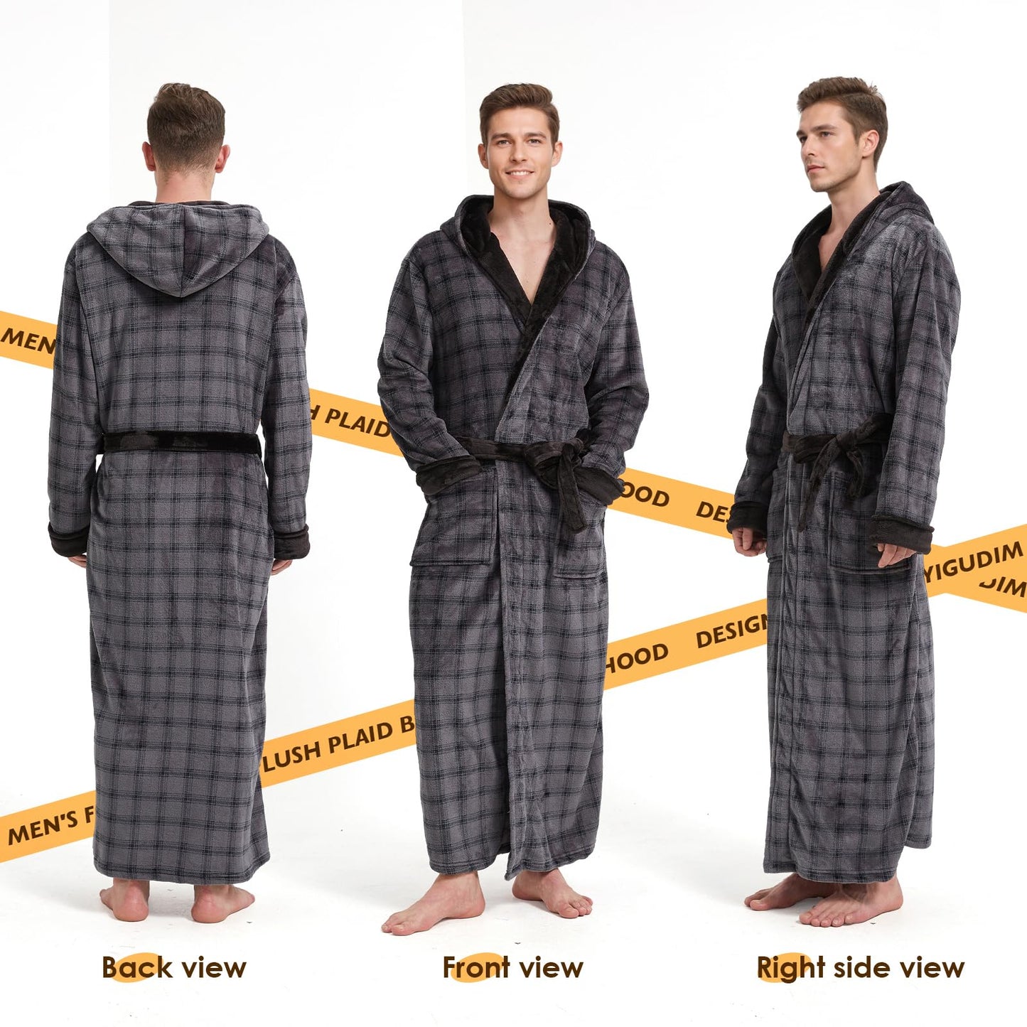 Mens Plush Plaid Hooded Robe, Full Length Fleece Big and Tall Bathrobe with Hood