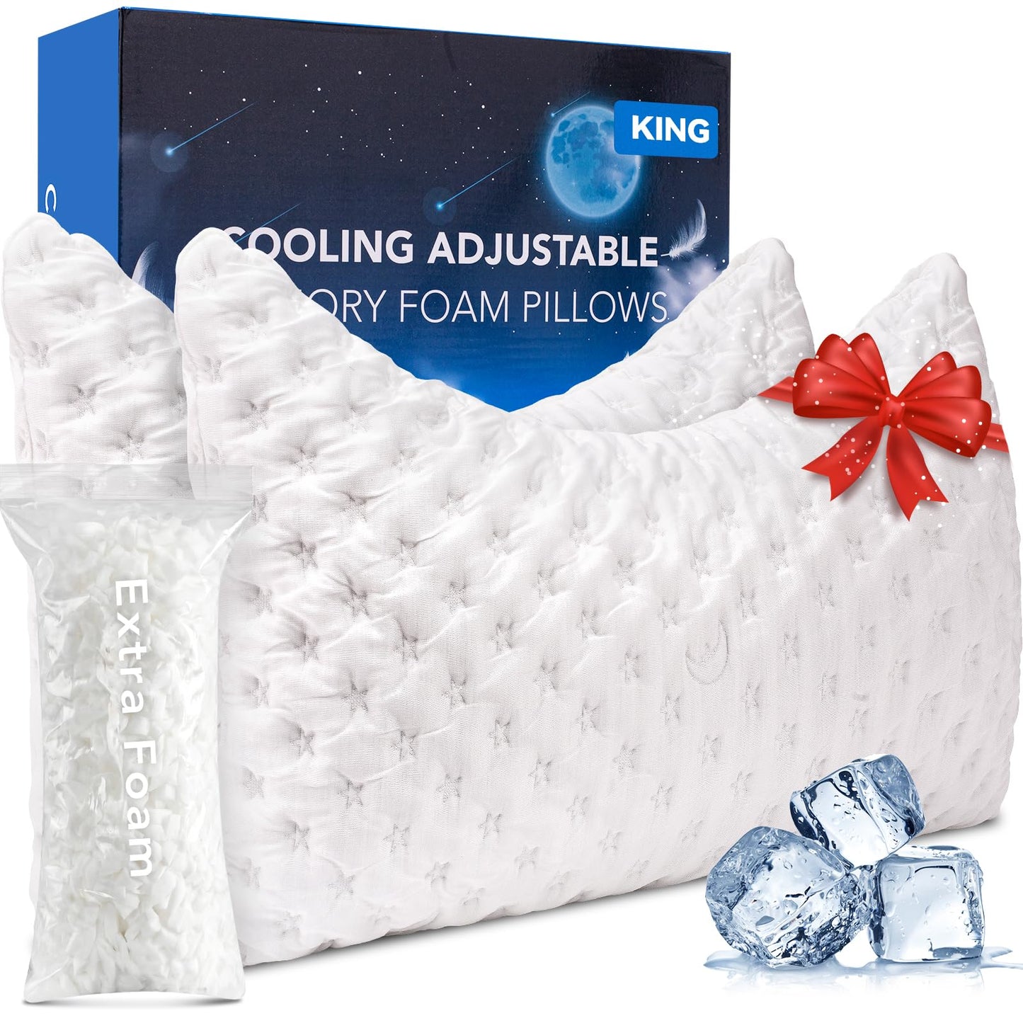 Cooling Side Sleeper Pillow for Neck and Shoulder, Luxury Shredded Memory Foam Curved Bed Pillows for Sleeping Set of 2- Adjustable King Size- Washable Cover Crescent White
