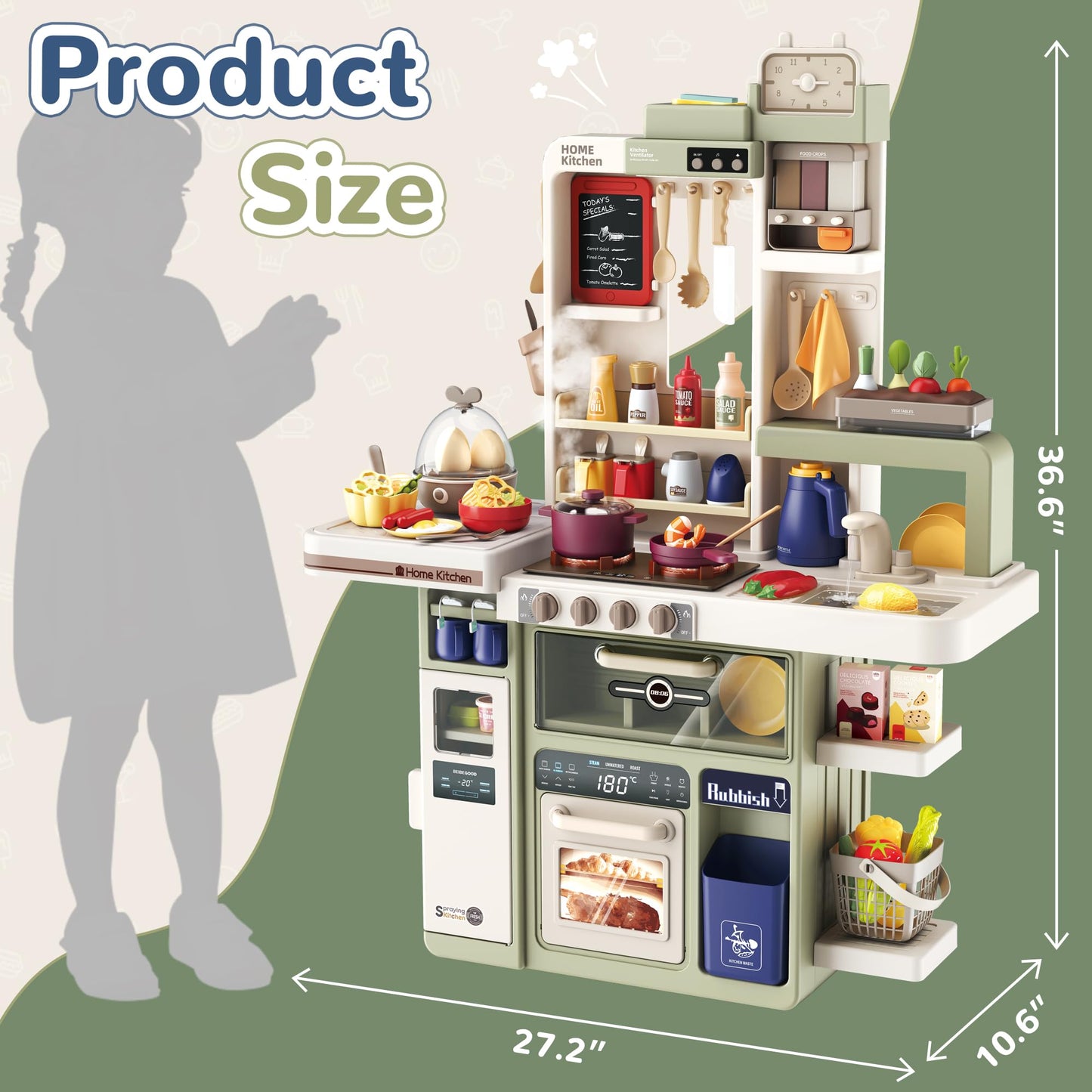 cossy Play Kitchen,Kids Kitchen Playset with Sound and Light,Spray Stove,Play Sink,Auto Egg Steamer and 88 PCS Accessories,Larger Play Kitchen for Toddlers 36" L x 11" W x 27" H .Green