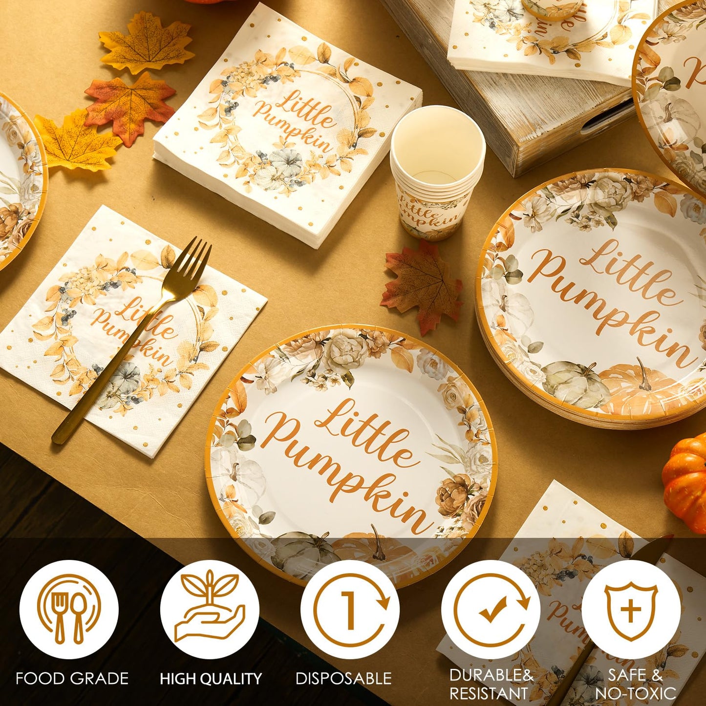 150 Pcs Little Pumpkin Baby Shower Party Decoration Set Serves 50 Fall Disposable Dinnerware Set Dinner Dessert Plates Cups Napkins Autumn Farm Tableware Thanksgiving Party Supplies