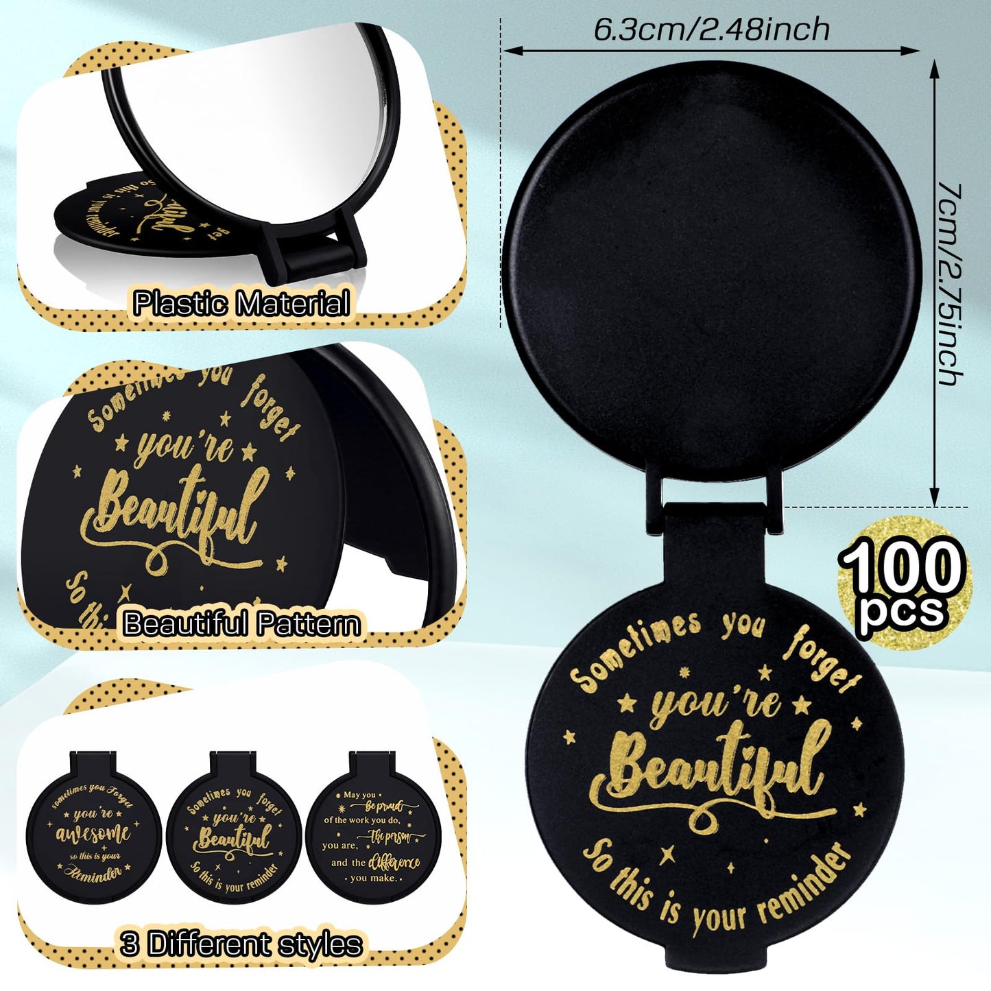 Wenqik 100 Pcs Inspirational Gifts Bulk for Women, Small Pocket Compact Mirrors Bulk with Positive Saying, Motivational Appreciation Gift for Employee Staff Coworker Women's Birthday Party (Black)