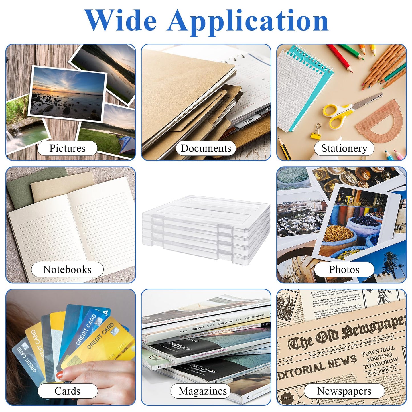 Akamino 4 Pack Clear A4 File Plastic Boxes, Portable Project Case Document Magazines Storage Organizer with Hinged Lids, Paper Protector for Letter Scrapbook Office School Supplies,2 Pcs Label Sticker
