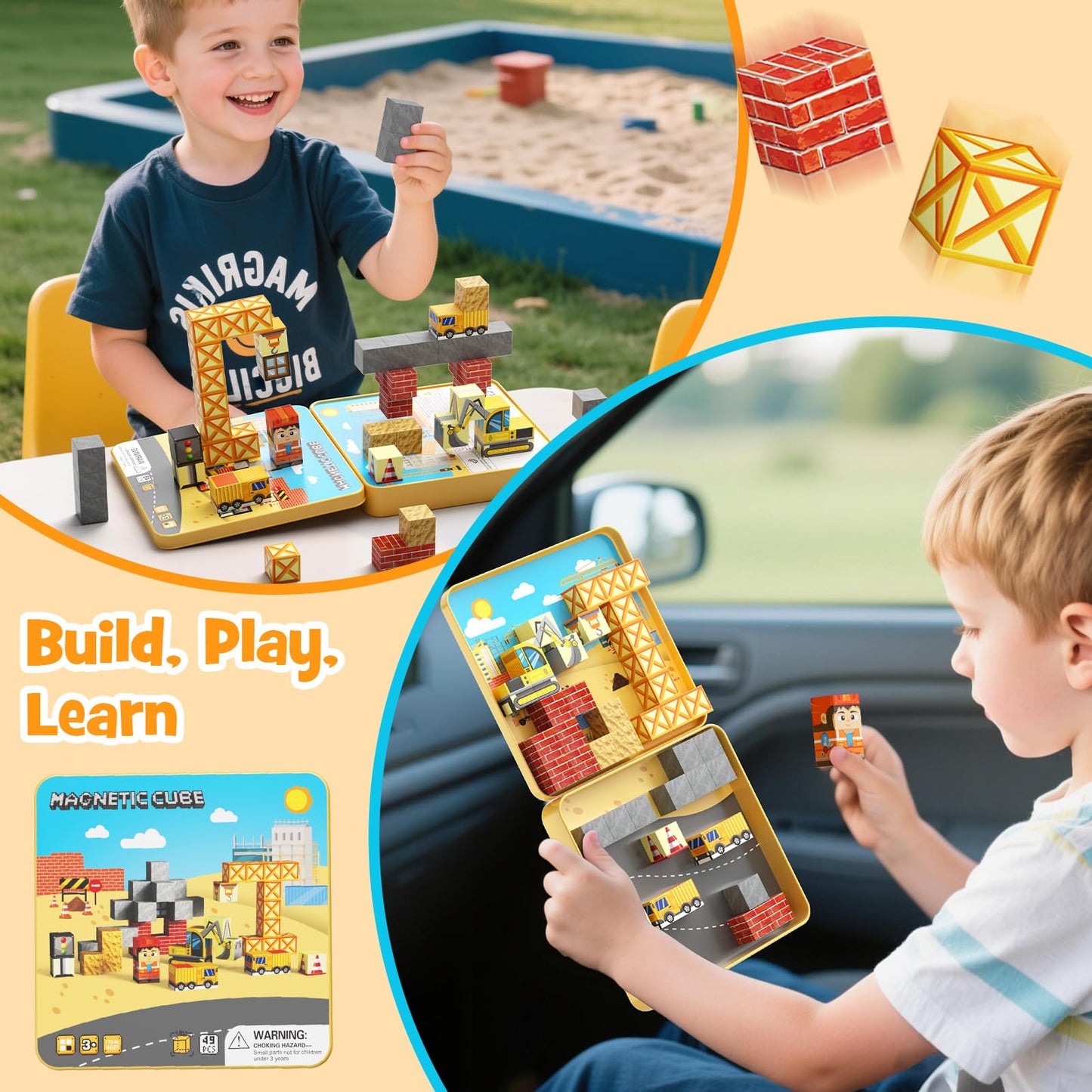 49PCS Mini Magnetic Building Blocks for Kids Ages 3-8 | STEM Educational Travel Toys with Portable Iron Storage Box | Construction Learning Gift for Toddlers, Boys & Girls