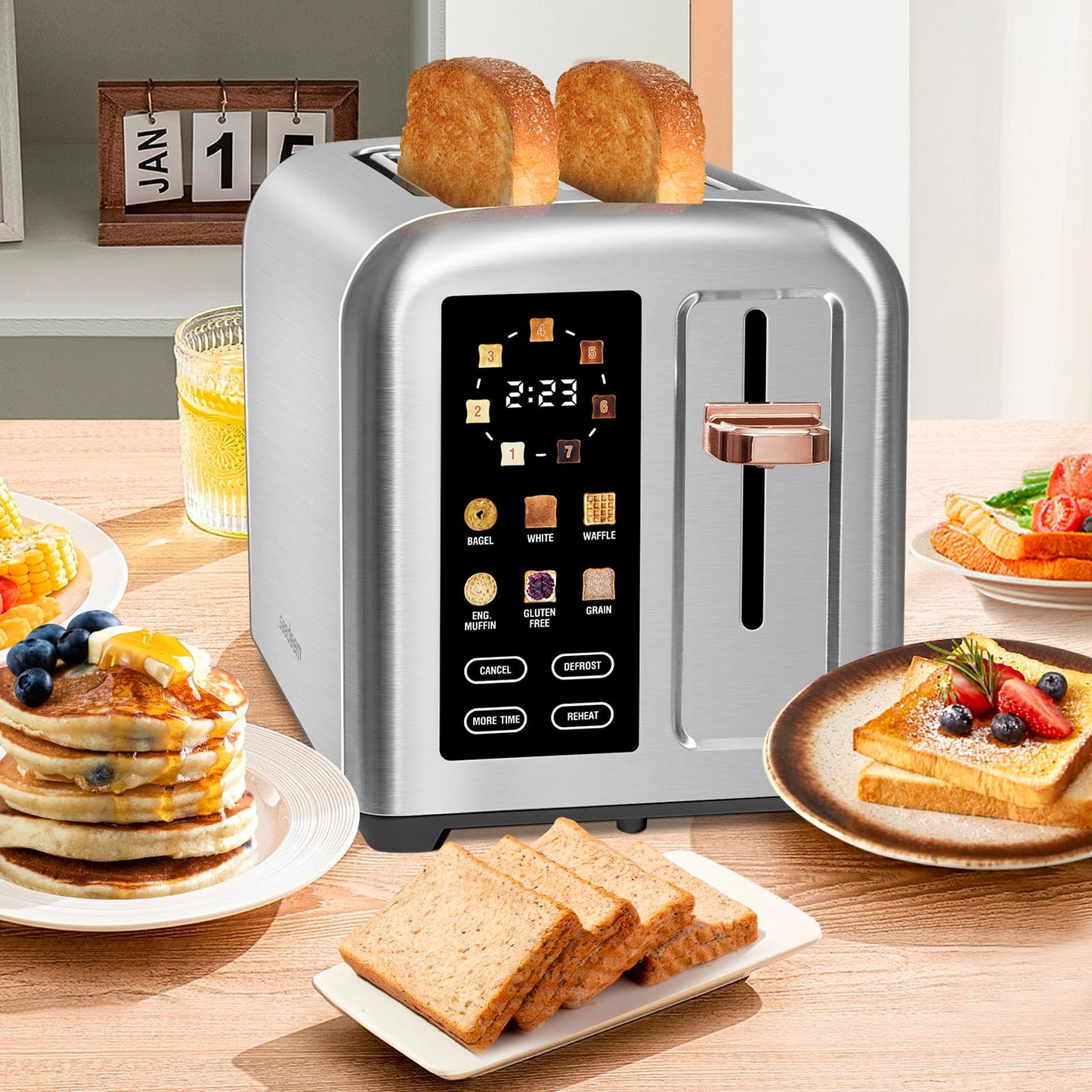 SEEDEEM Toaster 2 Slice, Touch Control Stainless Toaster LCD Display, 50% Faster Heating Speed, 1.4'' Wide Slots, More Timer Functions, Removable Crumb Tray, 1350W, Silver Metallic