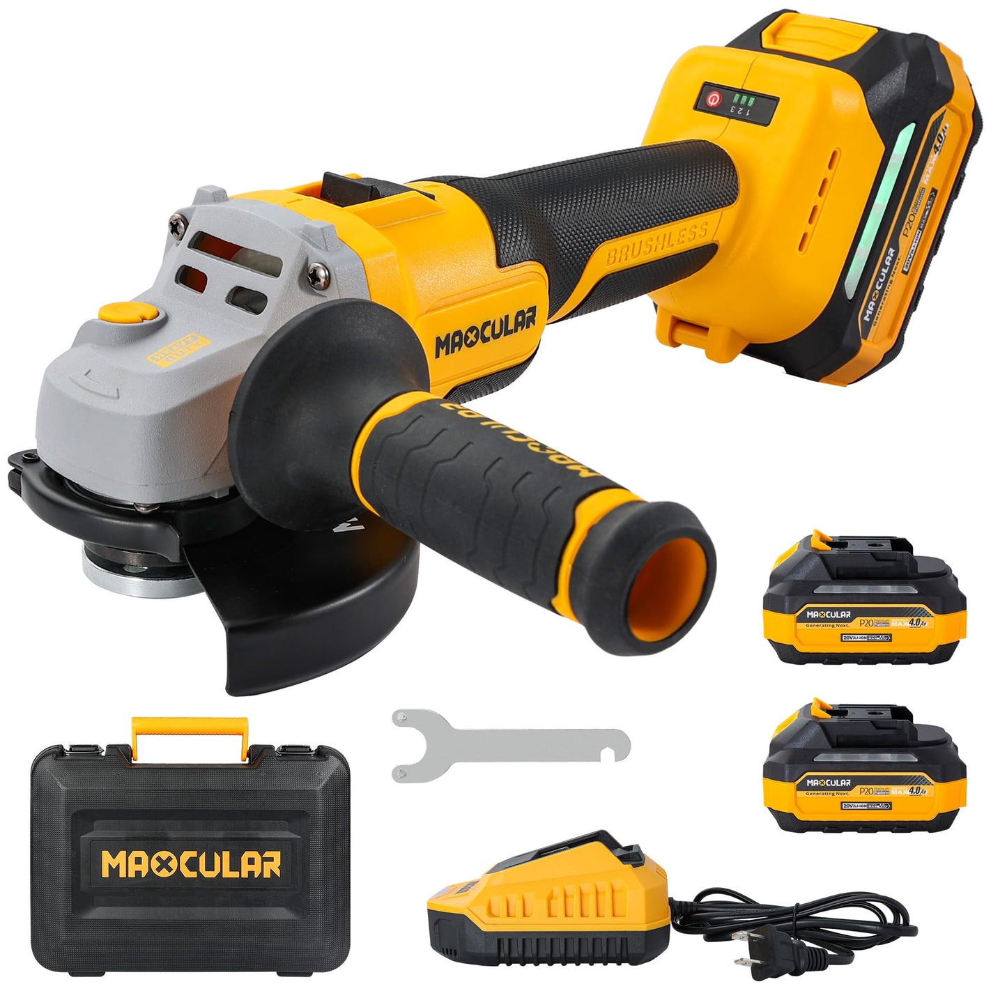MAXCULAR Cordless Angle Grinder 4-1/2-Inch to 5-Inch, 2x4.0 AH Battery, 9600 RPM Brushless Motor, 3 Variable Speeds with Auxiliary Handle for Cutting, Grinding, Polishing