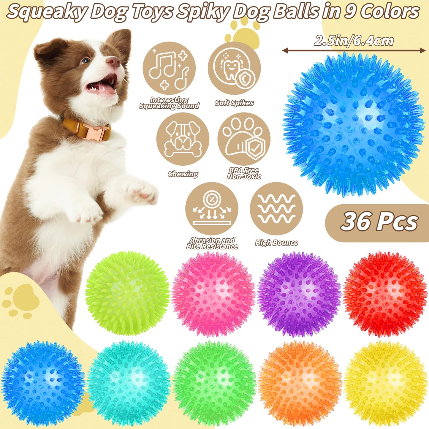 UZLU 36 Pcs 2.5 in Squeaky Dog Toy Balls Spiky Dog Balls Chew Toy for Teething Durable High Bounce TPR Fetch Toy 9 Colors Water Toys for Small Medium Dogs Aggressive Chewers Clean Teeth and Training