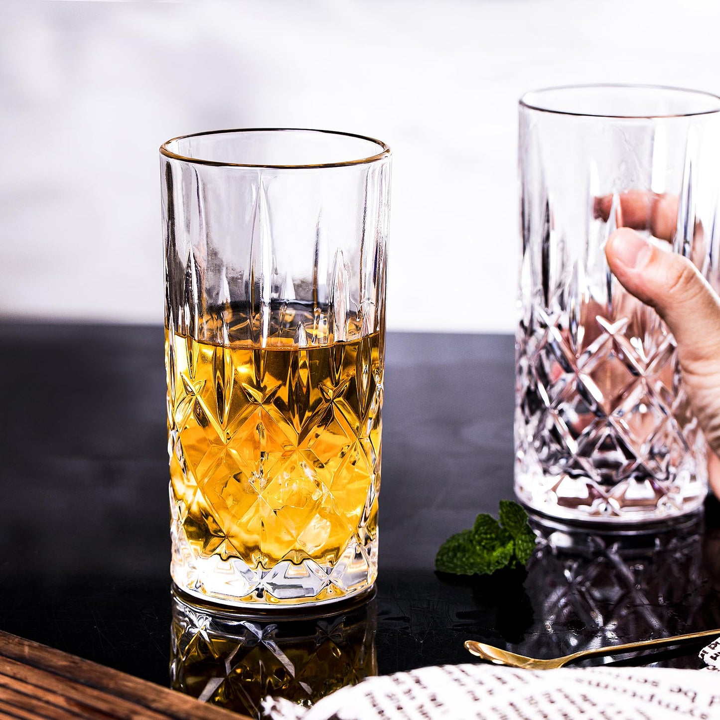 Binsakao Highball Glasses Collins Tall Beverage Set of 6, 423ml Cups Glassware for Drinks, Water, Beer, Soda (Heavy Weight)