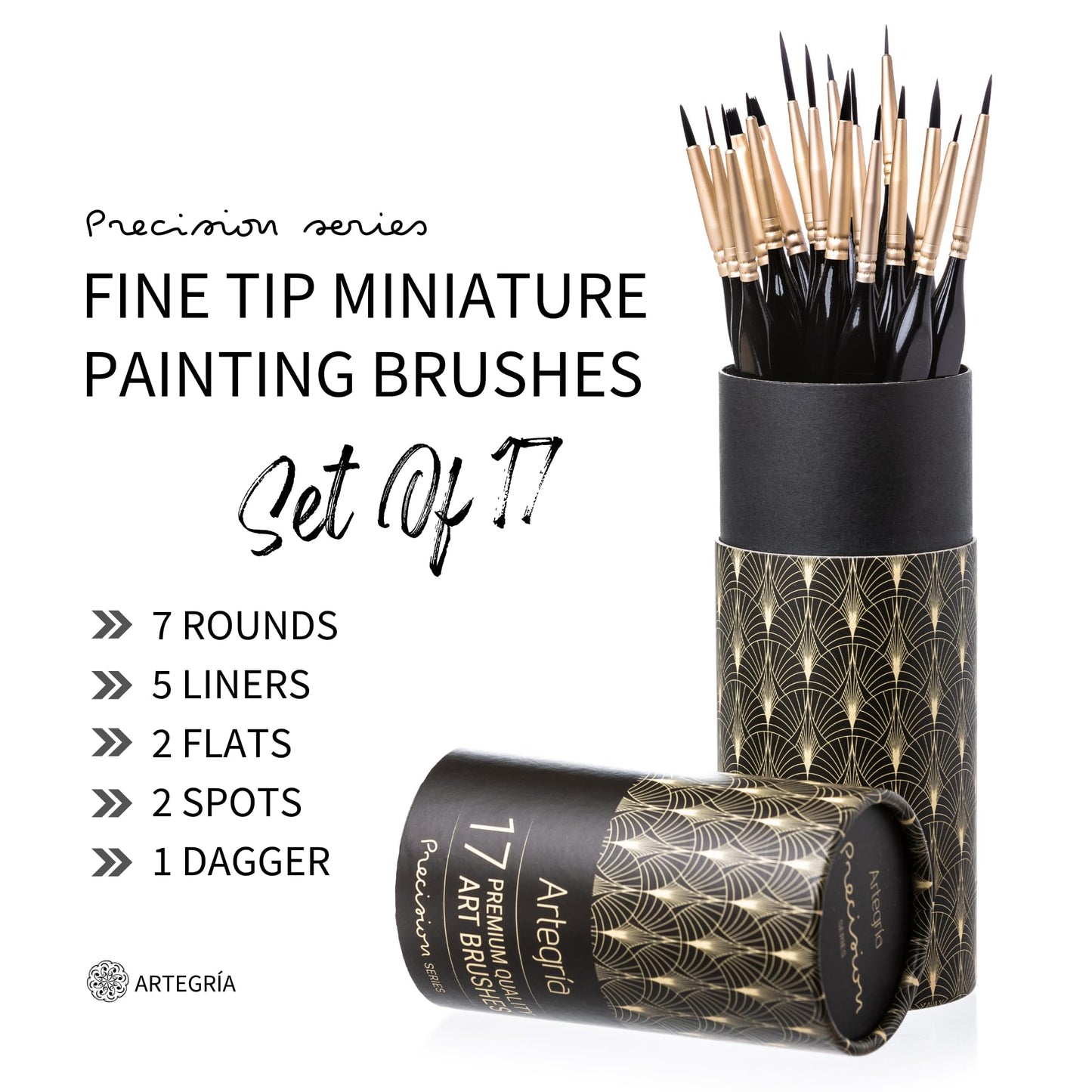 ARTEGRIA Detail Paint Brush Set, 17 Miniature Brushes with Fine Tips and Ergonomic Handles, for Small Scale Models, Figurines, Paint by Numbers for Adults
