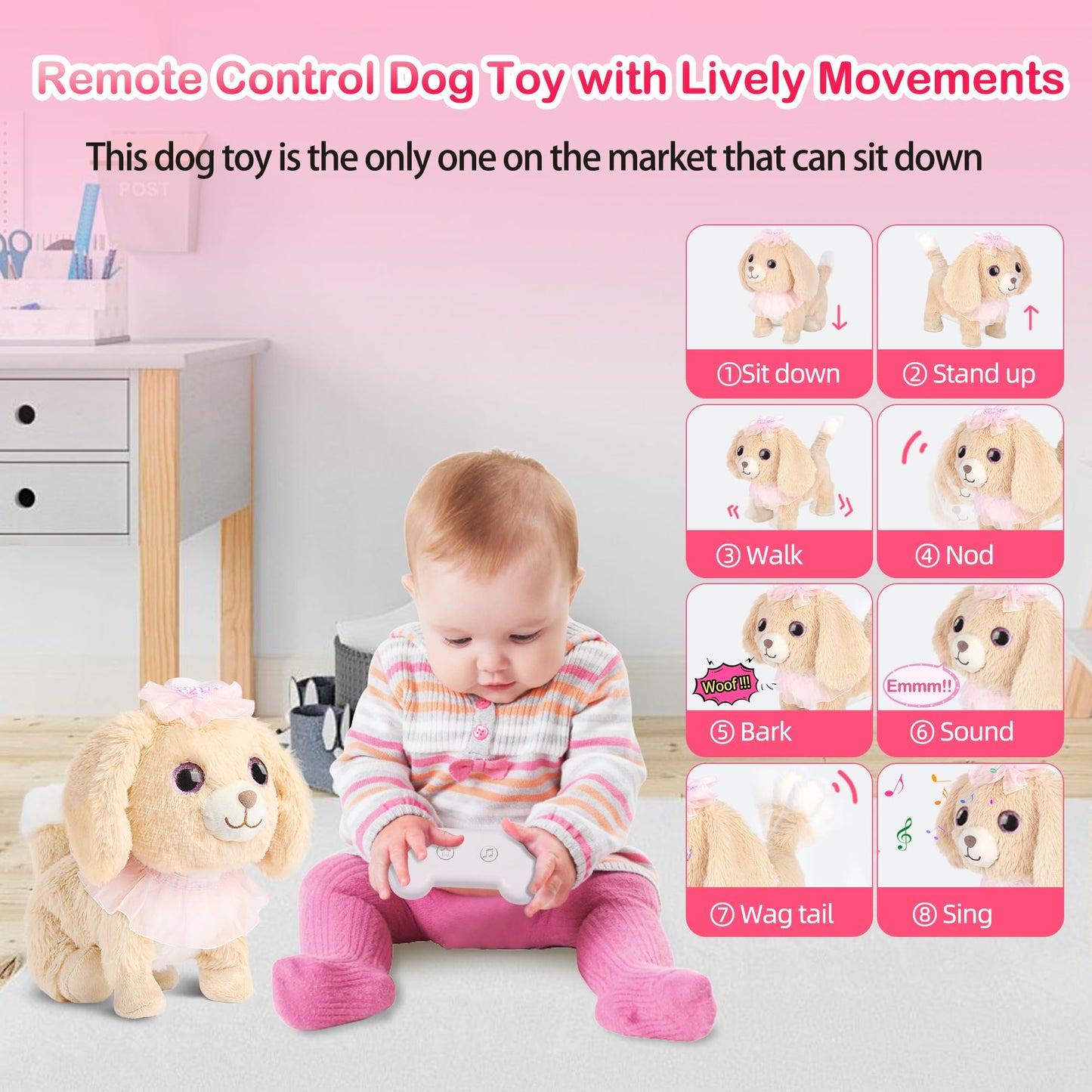 Puppy Toys for Girls - Golden Retriever Plush Dog Toy with Sitting, Walking, Barking, Tail Wagging & Recording, Touch & Voice Control Walking Dog Toys for Kids 3+ Years Old