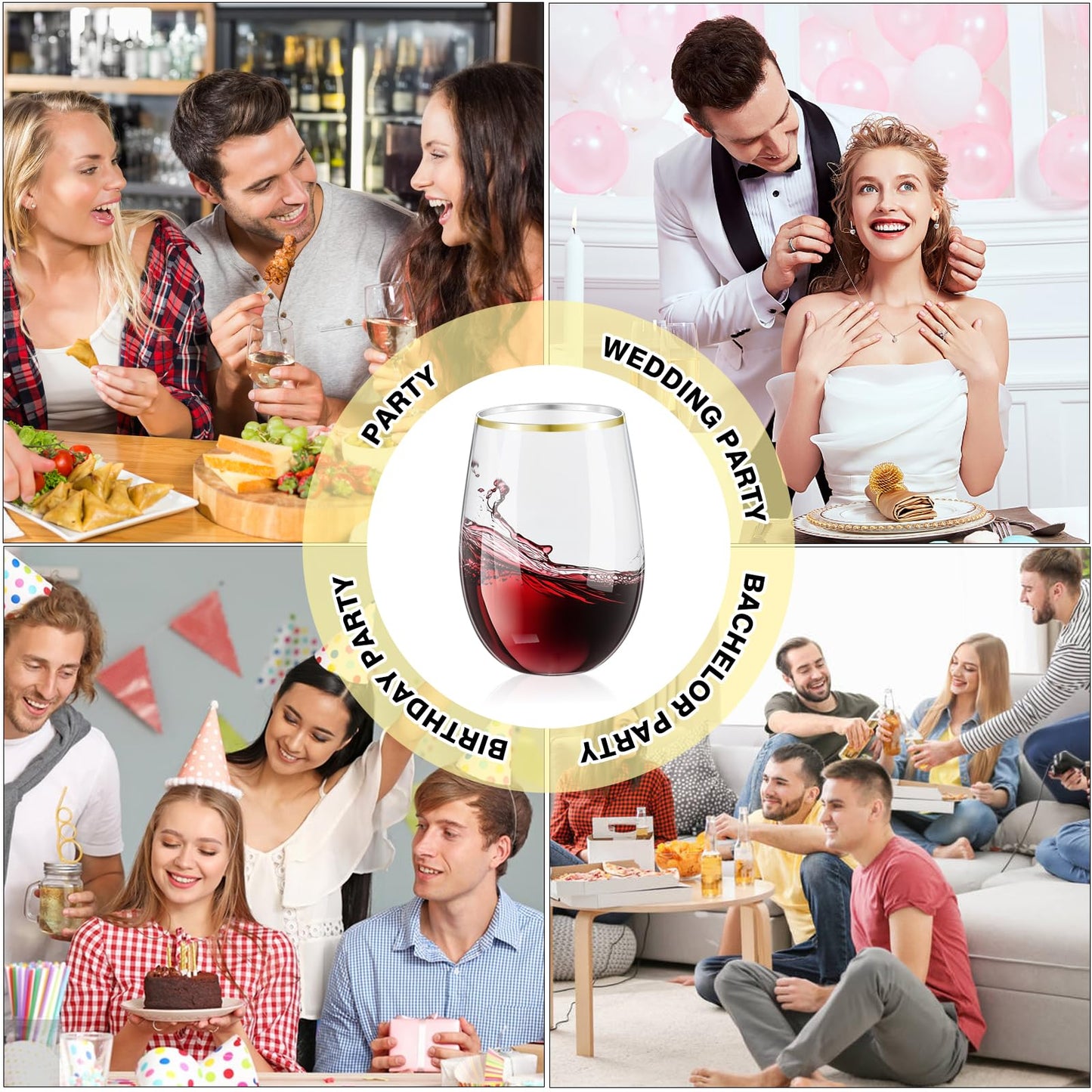 20 Pack Plastic Stemless Wine Glasses, 16 OZ Plastic Wine Glasses Disposable Unbreakable Plastic Wine Cups Reusable Clear Acrylic Drinking Party Glass Bulk Shatterproof for Champagne Wedding(Gold Rim)
