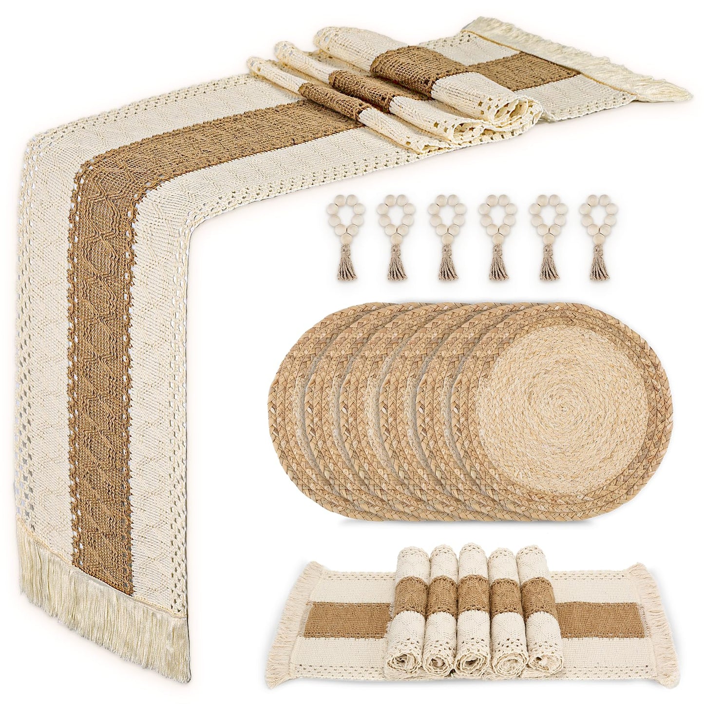 Placemats Set of 6 with Charger Plates Table Mats Table Runner and Napkin Rings,Made of Natural Cotton Burlap and Corn Husk,Non-Slip Heat-Resistant Boho Fall Placemats for Dining Table Décor