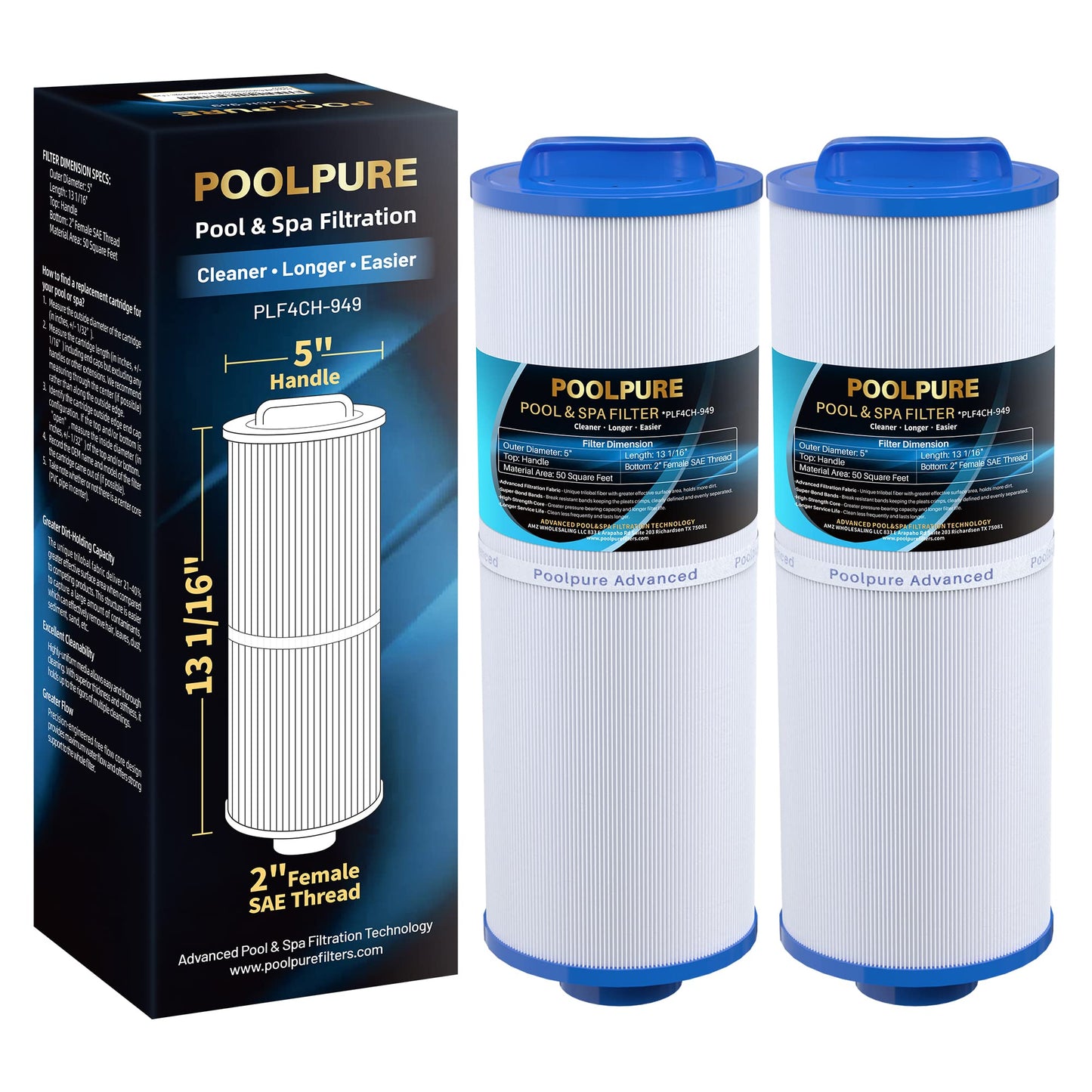 POOLPURE Spa Filter Replaces PWW50L, Unicel 4CH-949, Filbur FC-0172, SD-01143, 817-4050, PDC570-AFS, Rising Dragon 50, Waterway Teleweir 50 sqft Filter Cartridge (2 Pack)