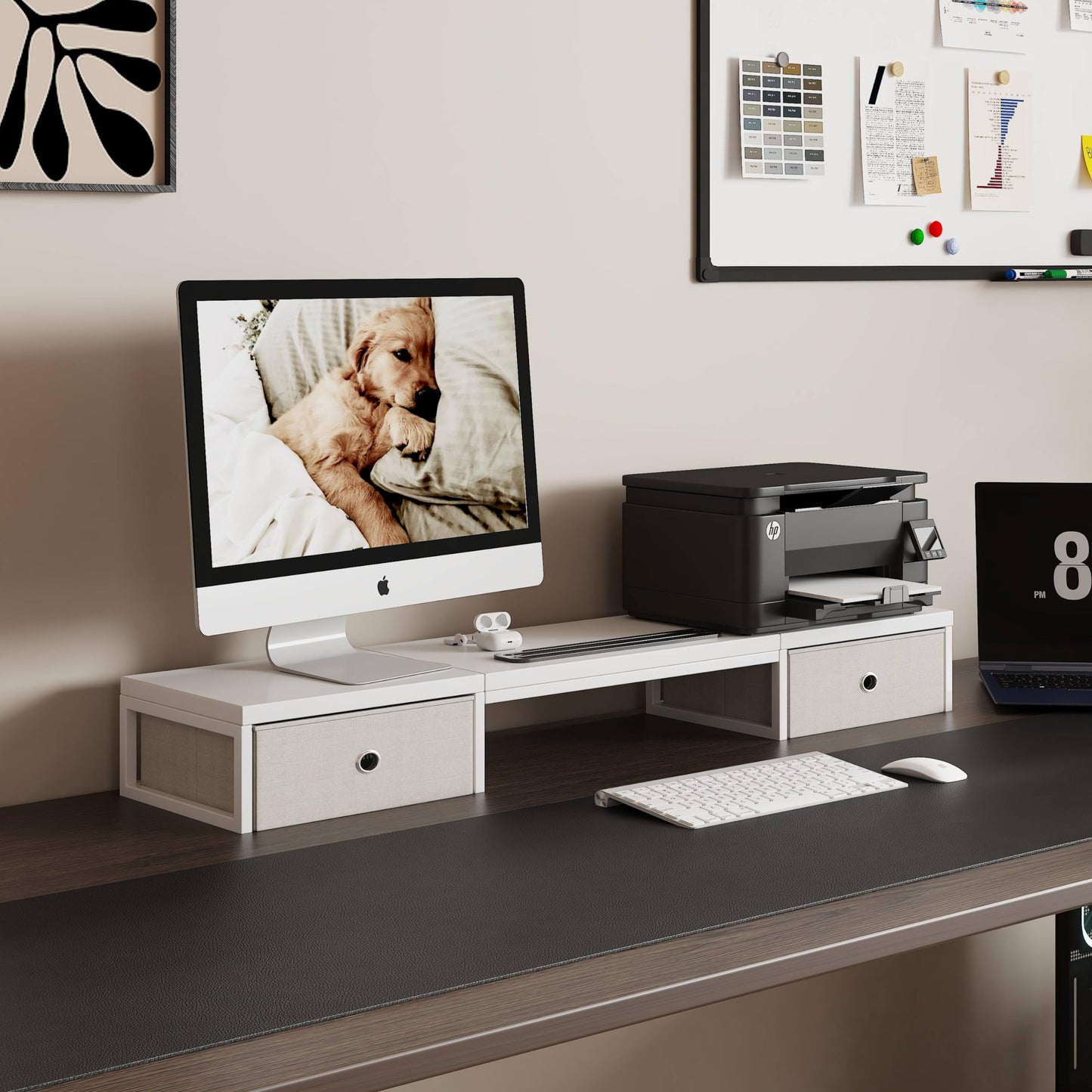 Mexin Dual Monitor Stand Riser with 2 Drawers, 39 Inch Extra Long Wood Desk Organizer, Desktop Riser for Laptop, Printer, Computer, TV, Perfect for Home Office, White