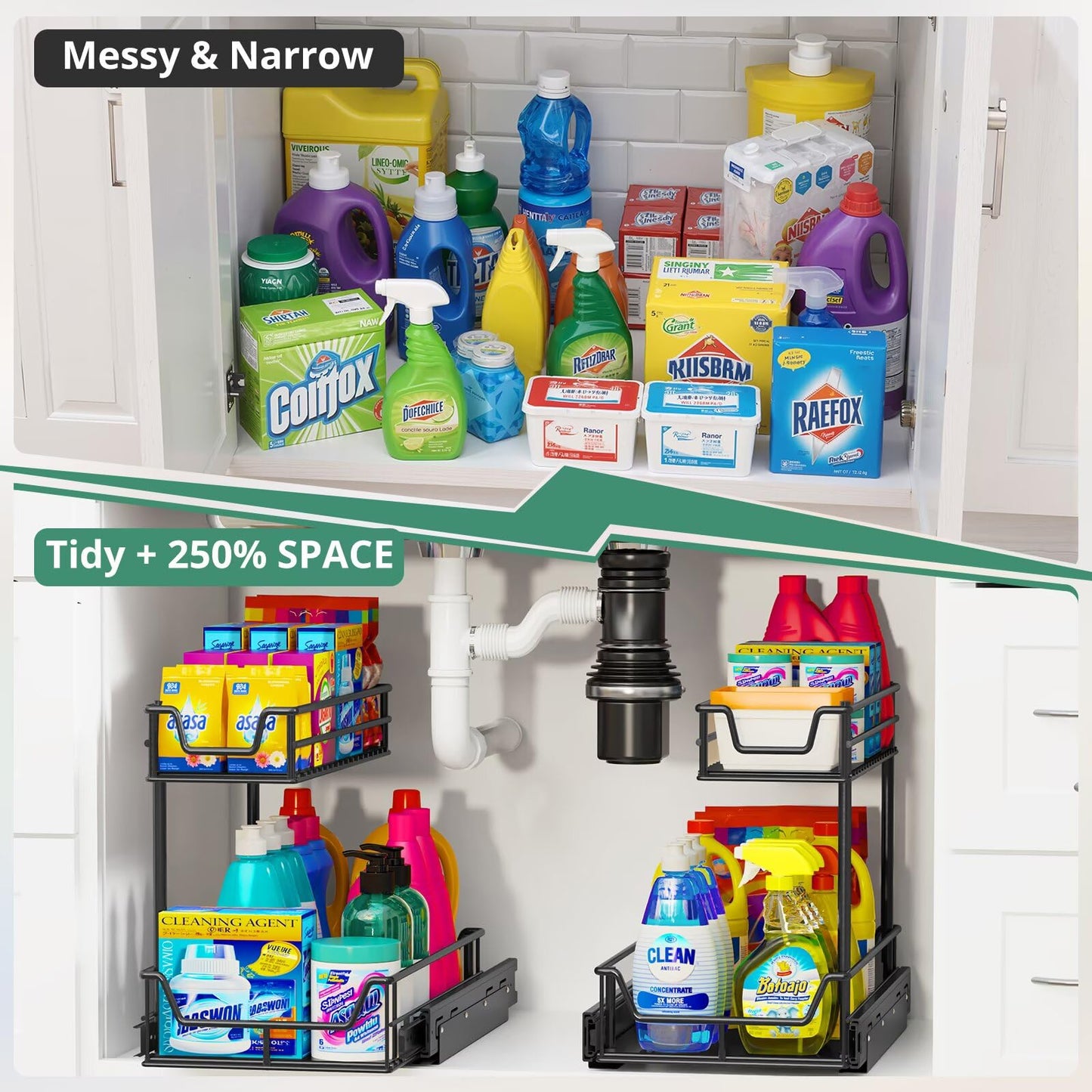 Under Sink Organizer 1-Pack, 27kg Load Smooth Glide Pull Out Drawer & 2-Tier Slide Out Shelf - Under Cabinet Storage for Kitchen & Bathroom, Rust-Resistant Steel, Fits Height≥48cm Depth≥46cm