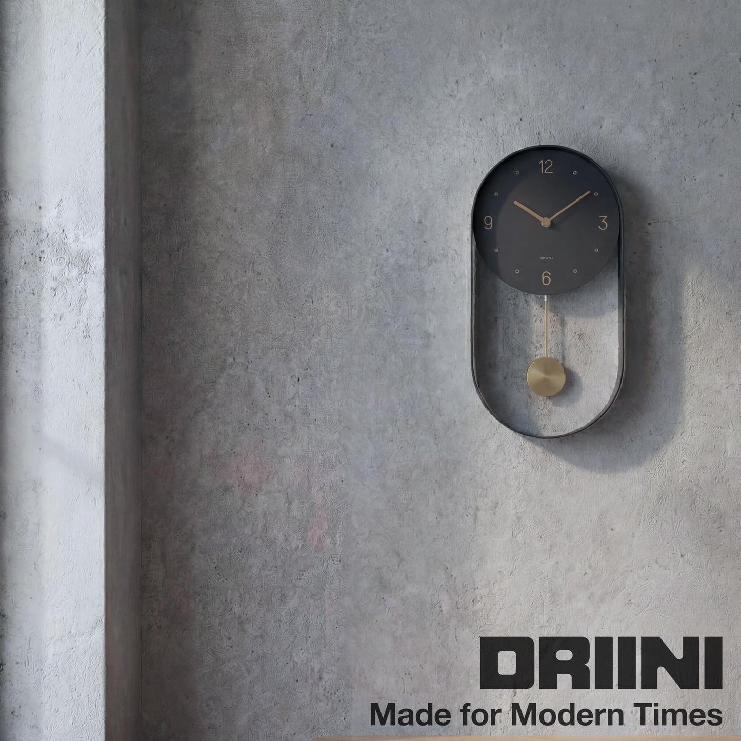 Driini Modern Pendulum Wall Clock - Decorative and Unique Metal Frame, with 8 Inch Face - Contemporary, Minimalist Design, with Silent Battery Operation - Includes Both Black and Gold Pendelum