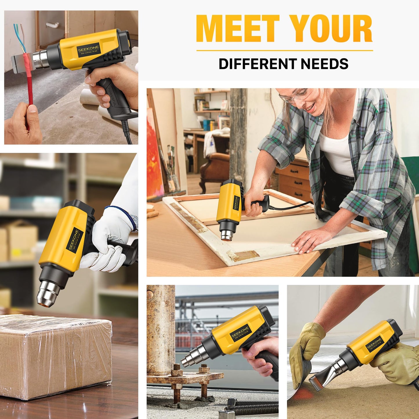 SEEKONE 1800W Heat Gun Compact Design Heavy Duty Hot Air Gun 122℉-1202℉(50℃- 650℃)Variable Temperature Control for 2 Speed Settings with 4 Nozzels for Crafts, Vinyl Wrap, Shrink Tubing