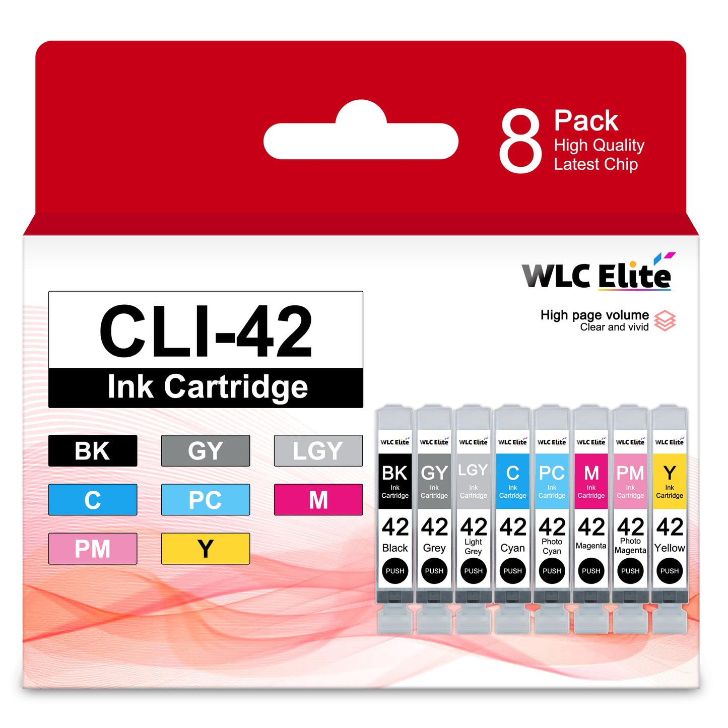 CLI-42 Ink Cartridges 8 Pack High Yield Replacement for Canon CLI 42 Pro 100 Ink Cartridge PIXMA Pro 100 Pro-100 Pro100s Pro100 Printers (BK/C/M/Y/PM/PC/GY/LGY)
