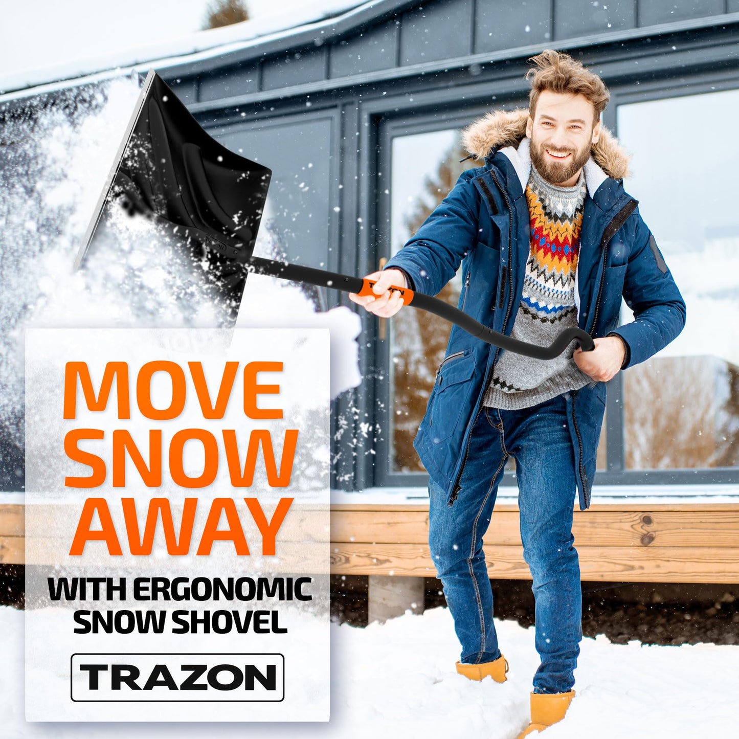 Snow Shovel Heavy Duty for Driveway with Ergonomic Handle to Use Without Backpain for Home Garage Car - Snow Shovel with 18 Inch Blade Large Capacity and 150 Inch Long Ergonomic Handle (Black)