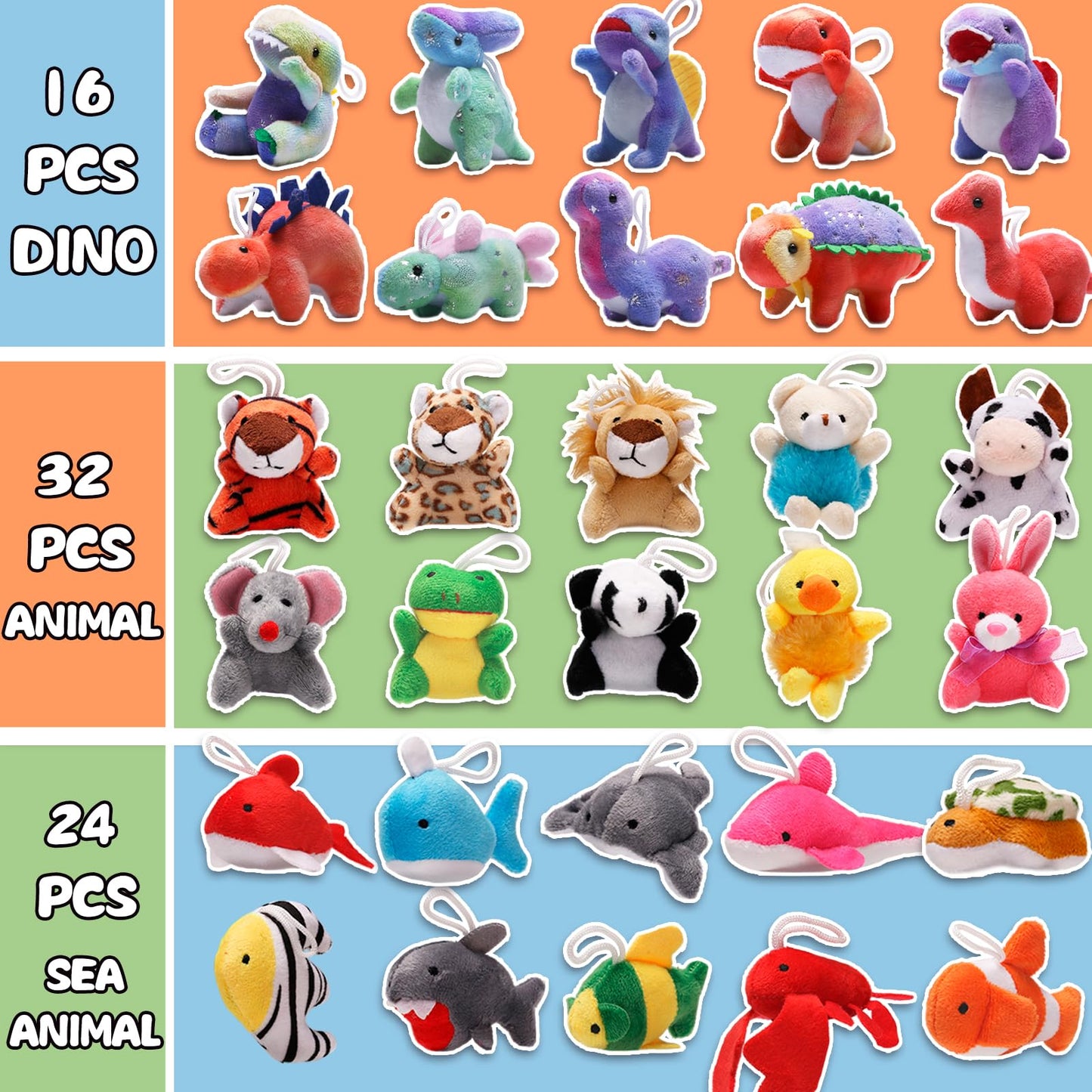 72 Pack Mini Stuffed Animal, Assorted Plush Toy (Dinosaur, Zoo, Ocean), Party Favors for Kid, Perfect for Claw Machine Filler, Goody Bag Stuffers, Keychain, Carnival Prizes, Classroom Reward Gift Bulk