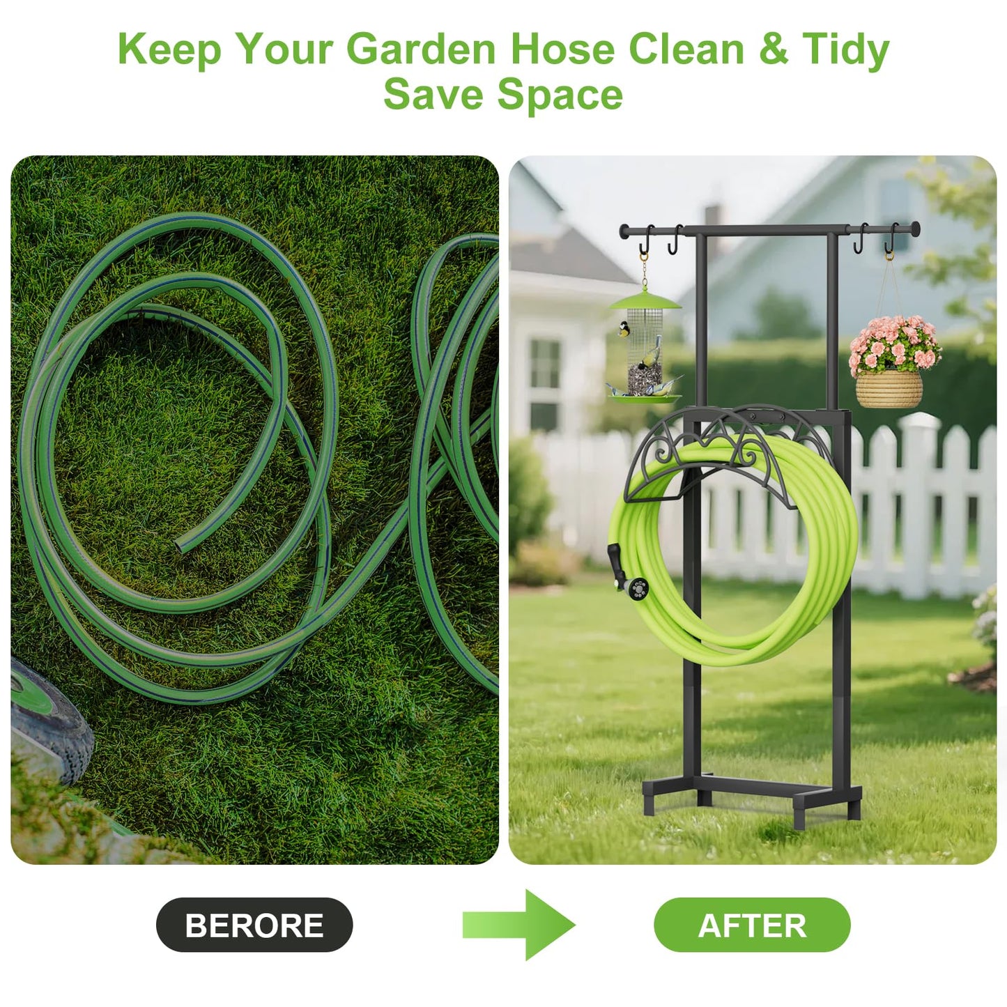 NEYCIL Garden Hose Holder with Telescopic Pole, Freestanding Garden Hose Stand Stake with 4 Spikes, Heavy Duty Sturdy Metal Hose Storage Rack and Hanger for Outside Yard Lawn Farm, Black