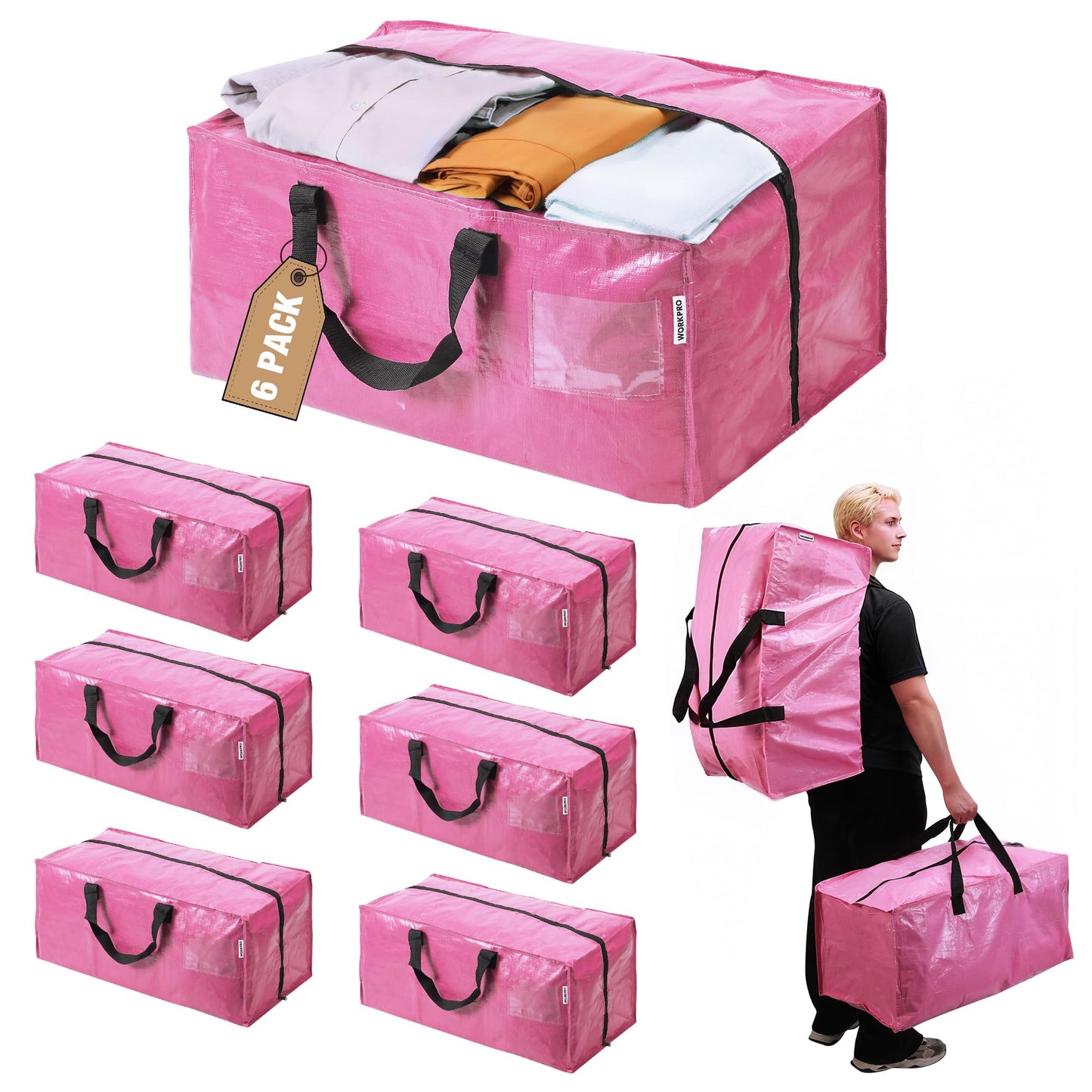 WORKPRO 6 Pack Extra Large Moving Bags with Zippers & Carrying Handles Backpack Straps, Foldable Moving Bag, Heavy-Duty Storage Tote for Space Saving Moving Storage - Pink