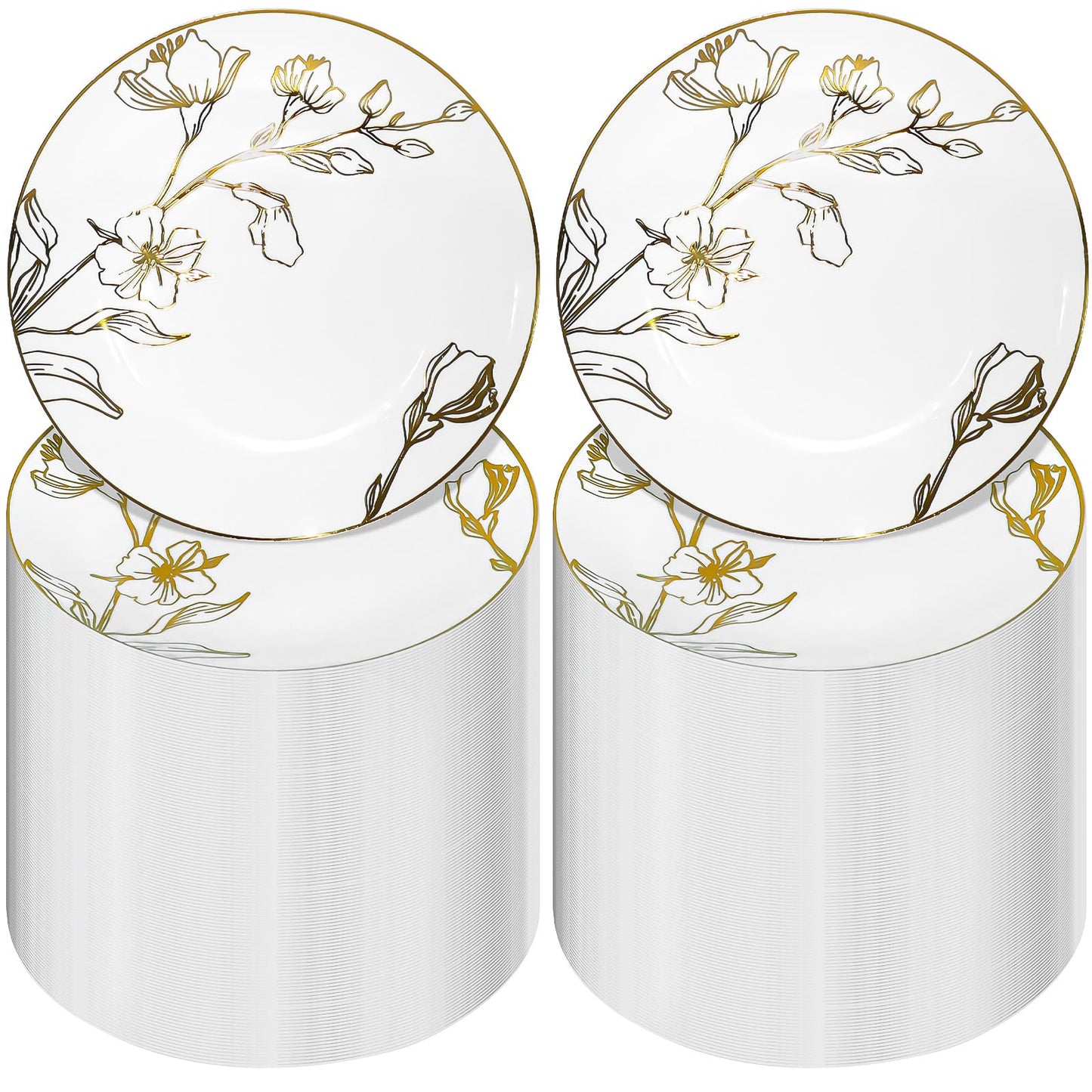 150 Pcs White Plastic Plates with Gold Floral Antique Design, 7.5 Inch Round Disposable Dinner Plates Heavyweight Dessert Plates for Wedding Birthday Party Bridal Shower