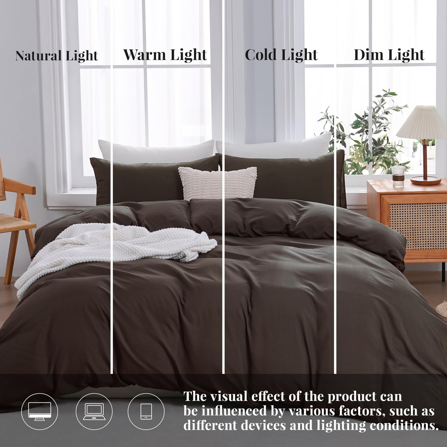 YHJWW Brown Duvet Cover Set Ultra Soft and Comfy 3 Piece Comforter Covers Bedding Set Includes 2 Pillowcases and 1 Duvet-Cover with Zipper (Queen 90"x90", No Comforter)