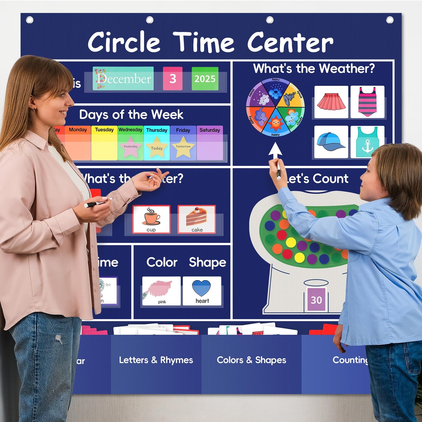 Ottkids Circle Time Learning Center Classroom Pocket Chart, Circle Time Calendar Preschool Include 224 Cards, Educational Pocket Chart Material, Learning Calendar Weather Letter Counting Color Shape
