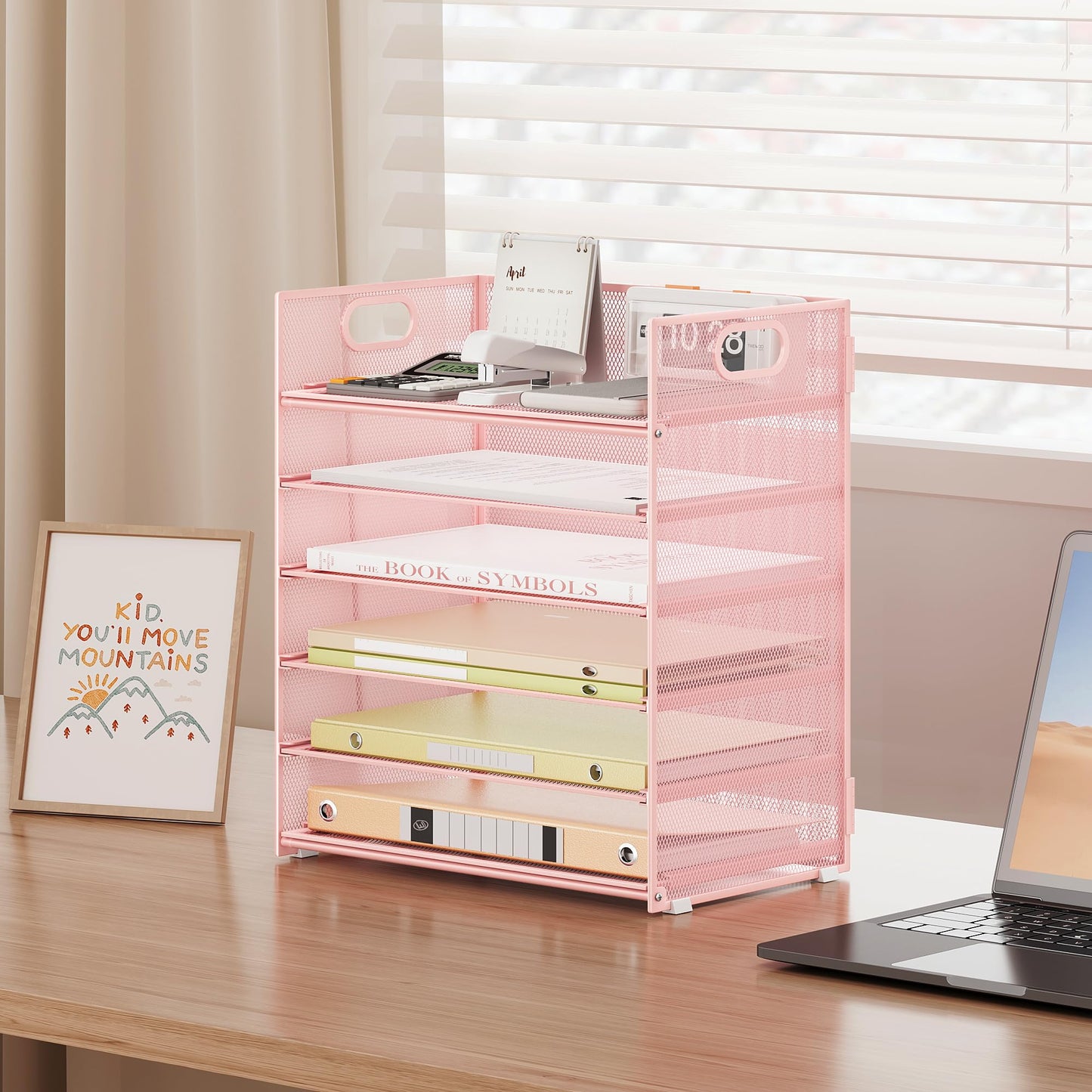 Marbrasse 6 Tier Desk Organizer, File Organizer with Handle, Mesh A4 Paper Organizer, Letter Tray for Office, Home or School (Pink)