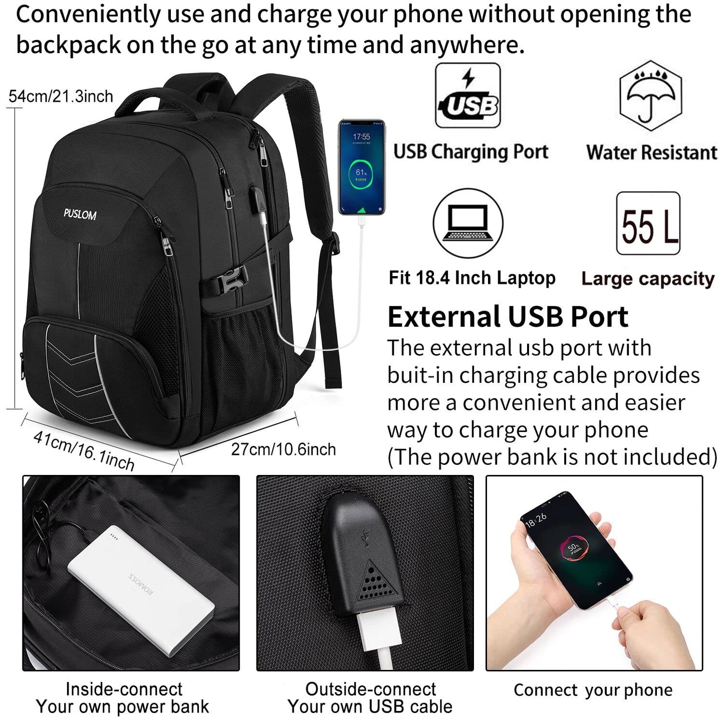 Extra Large Travel Laptop Backpack for Men 55L,Water Resistant 18.4 inch Big Business Laptop Bookbags with USB Charging Port,TSA Friendly Anti Theft Computer Bag for Work College School,Black