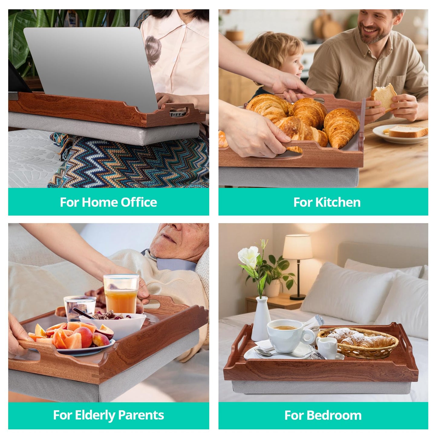 DRELIFAM Lap Desk with Cushion,Wooden Bed Tray Table for Eating,Lap Tray in Recliner,Breakfast Tray,TV Dinner Bed Food Trays (Sapele Wood)